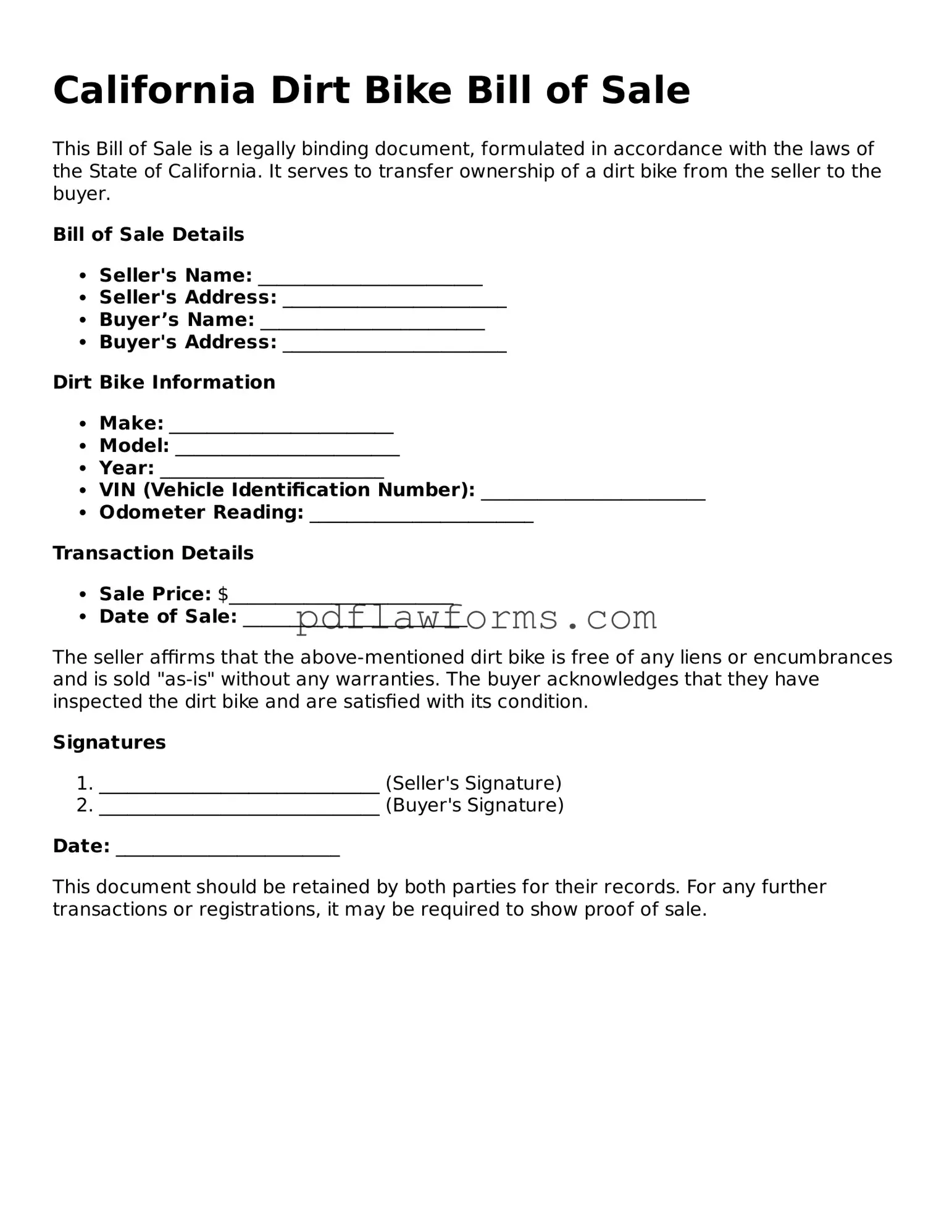 Dirt Bike Bill of Sale Form for the State of California