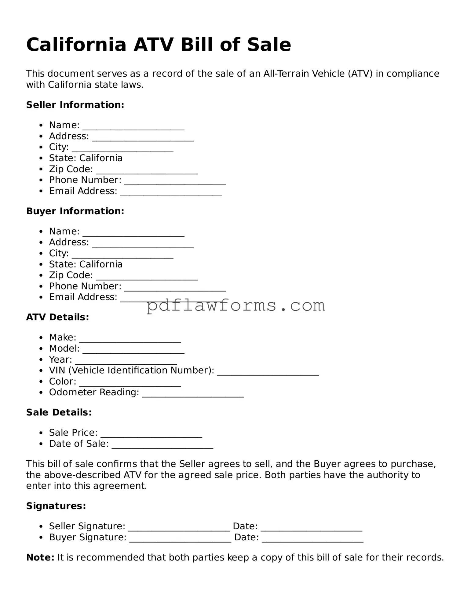 ATV Bill of Sale Form for the State of California