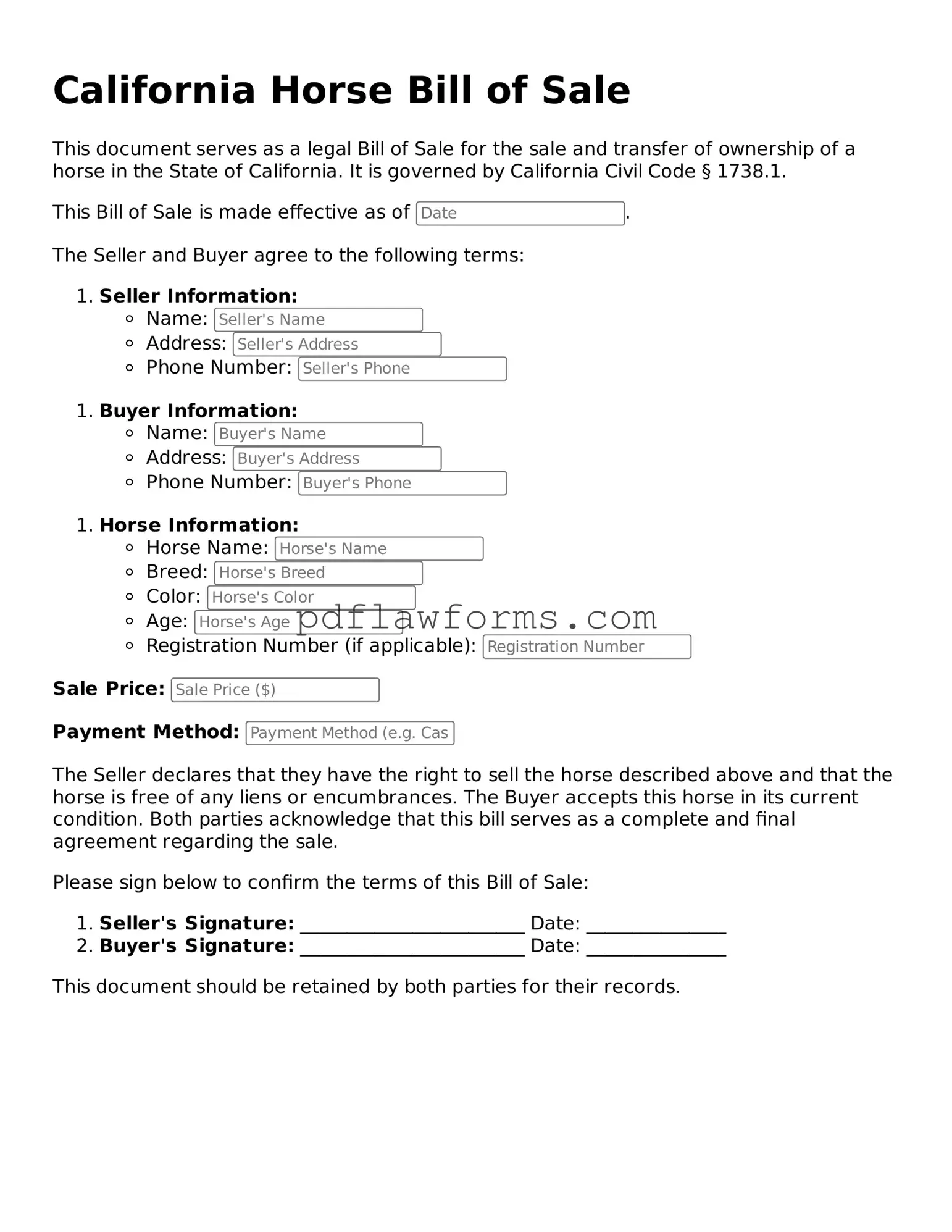 Horse Bill of Sale Form for the State of California