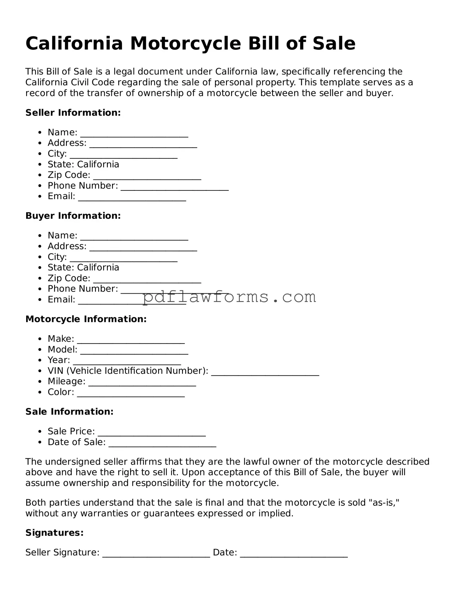 Motorcycle Bill of Sale Form for the State of California