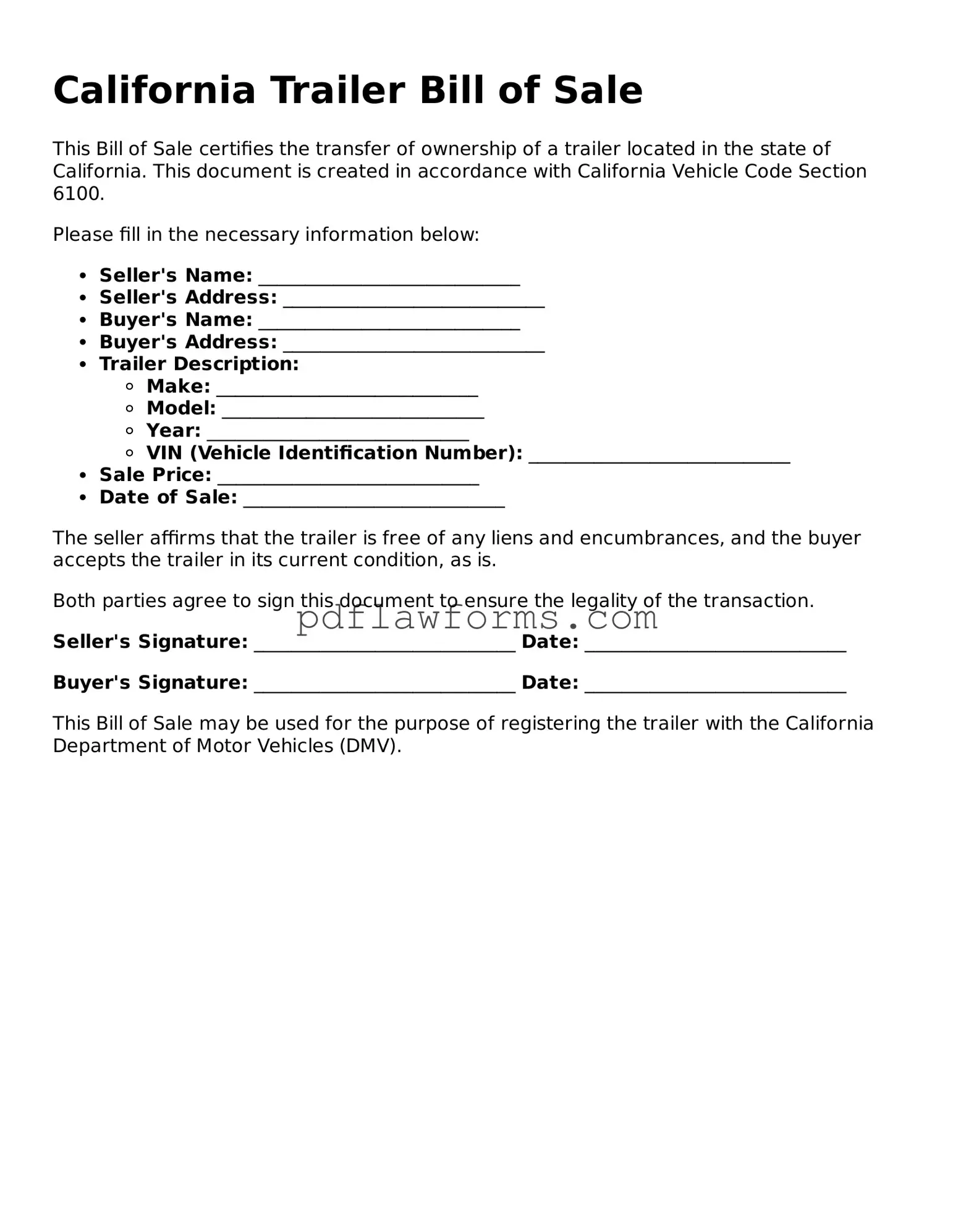 Trailer Bill of Sale Form for the State of California