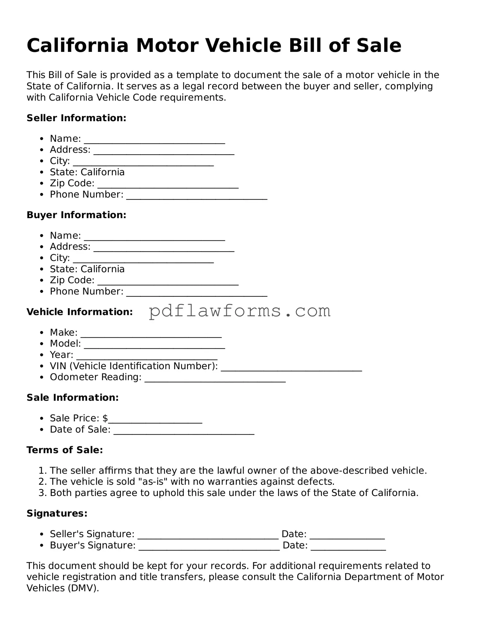 Motor Vehicle Bill of Sale Form for the State of California
