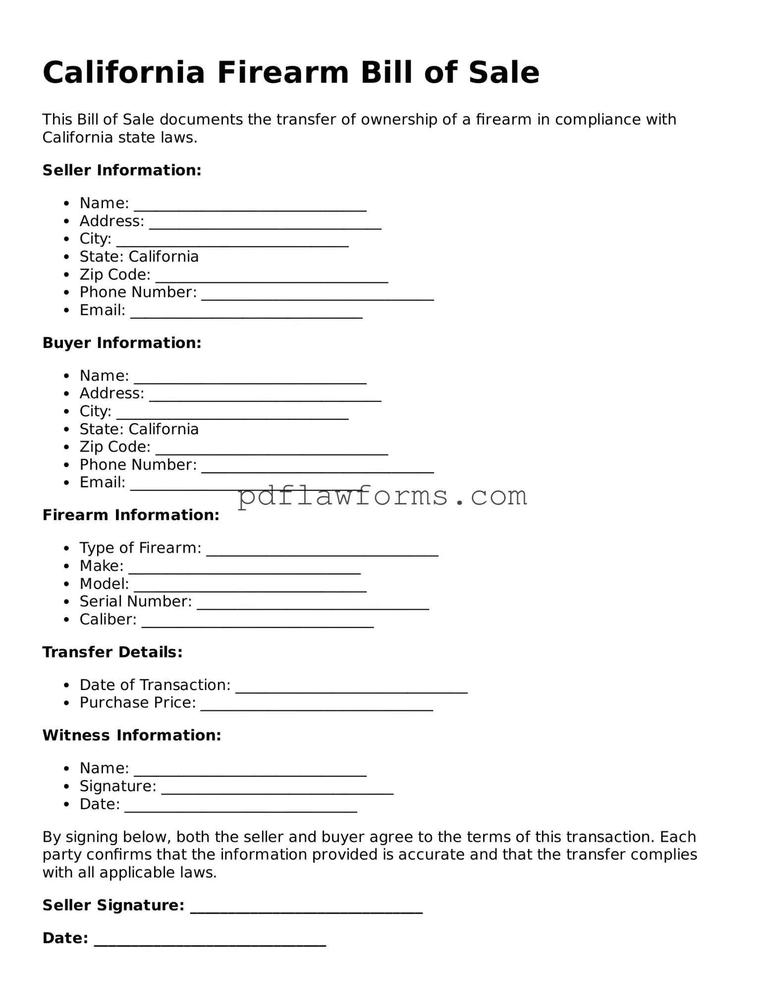 Firearm Bill of Sale Form for the State of California