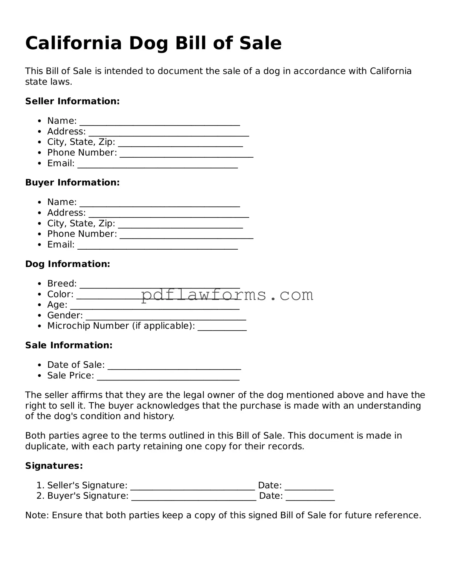 Dog Bill of Sale Form for the State of California