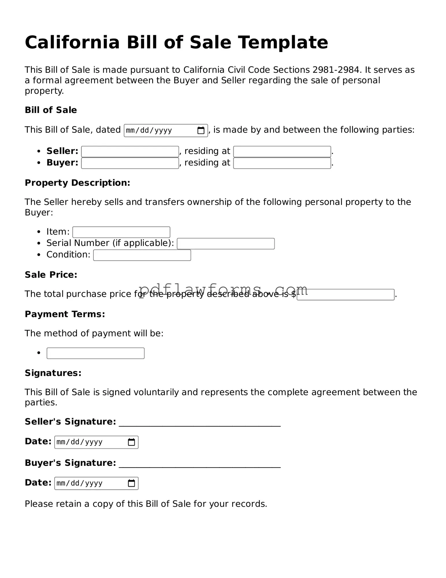 Bill of Sale Form for the State of California