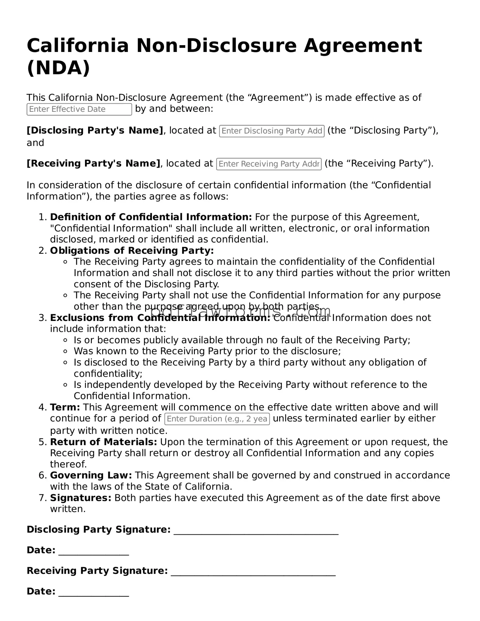 Non-disclosure Agreement Form for the State of California