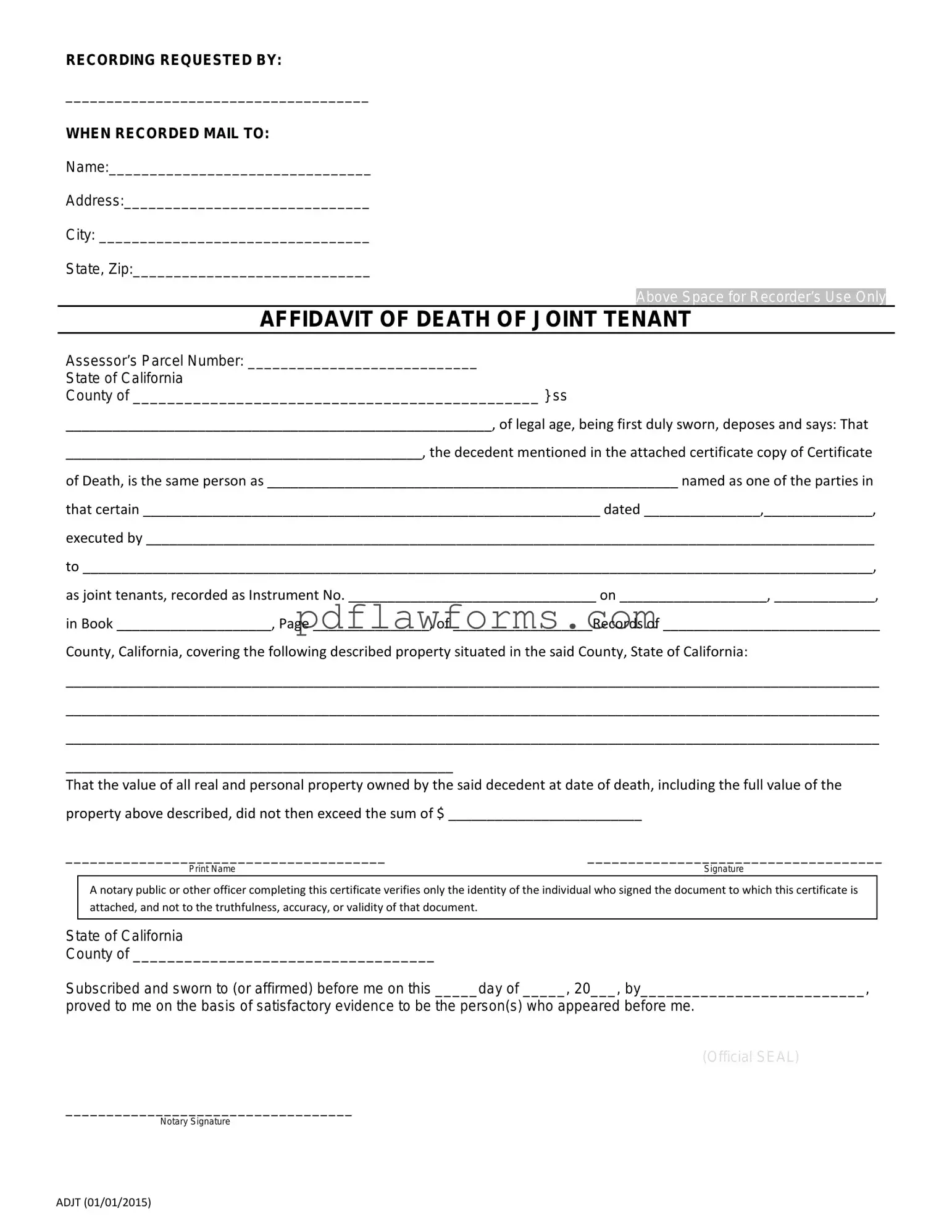 Fill Your California Death of a Joint Tenant Affidavit Template