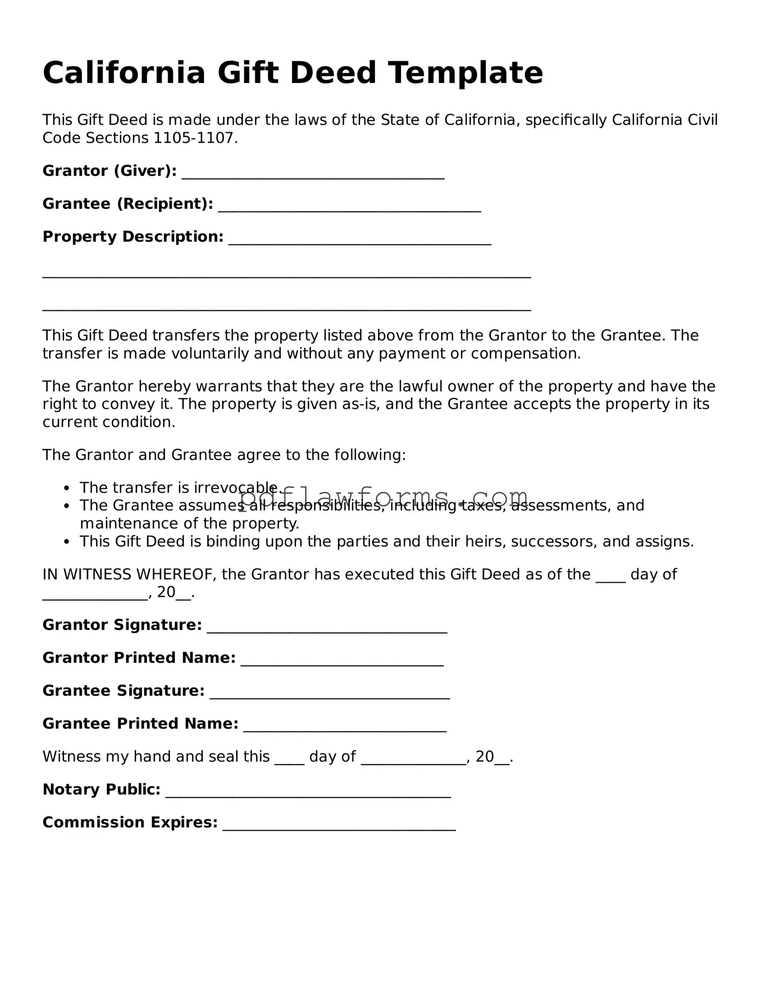 Gift Deed Form for the State of California