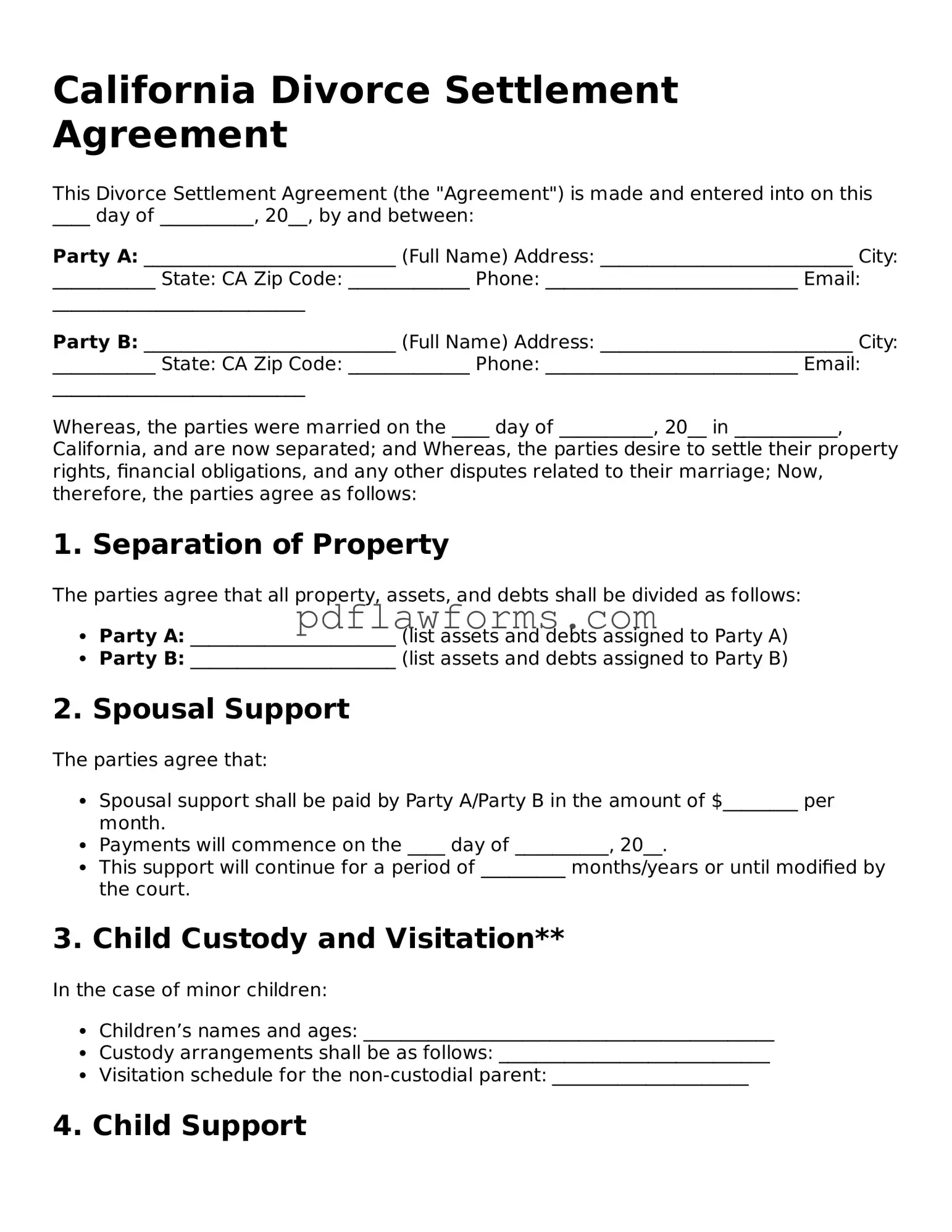 Divorce Settlement Agreement Form for the State of California