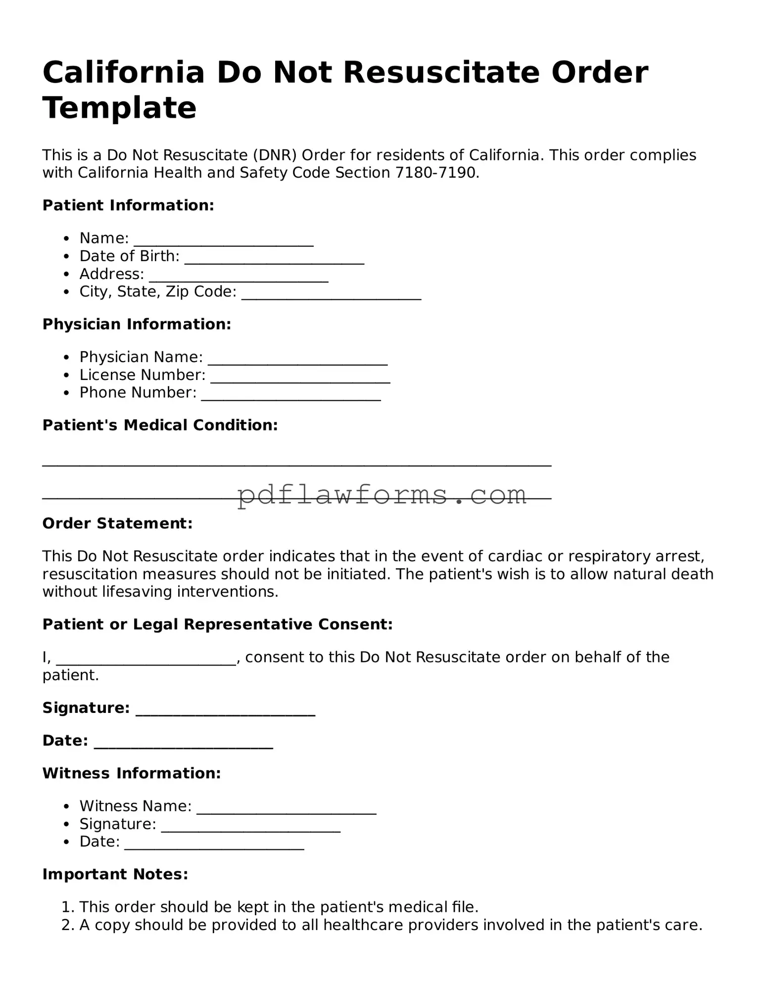 Do Not Resuscitate Order Form for the State of California