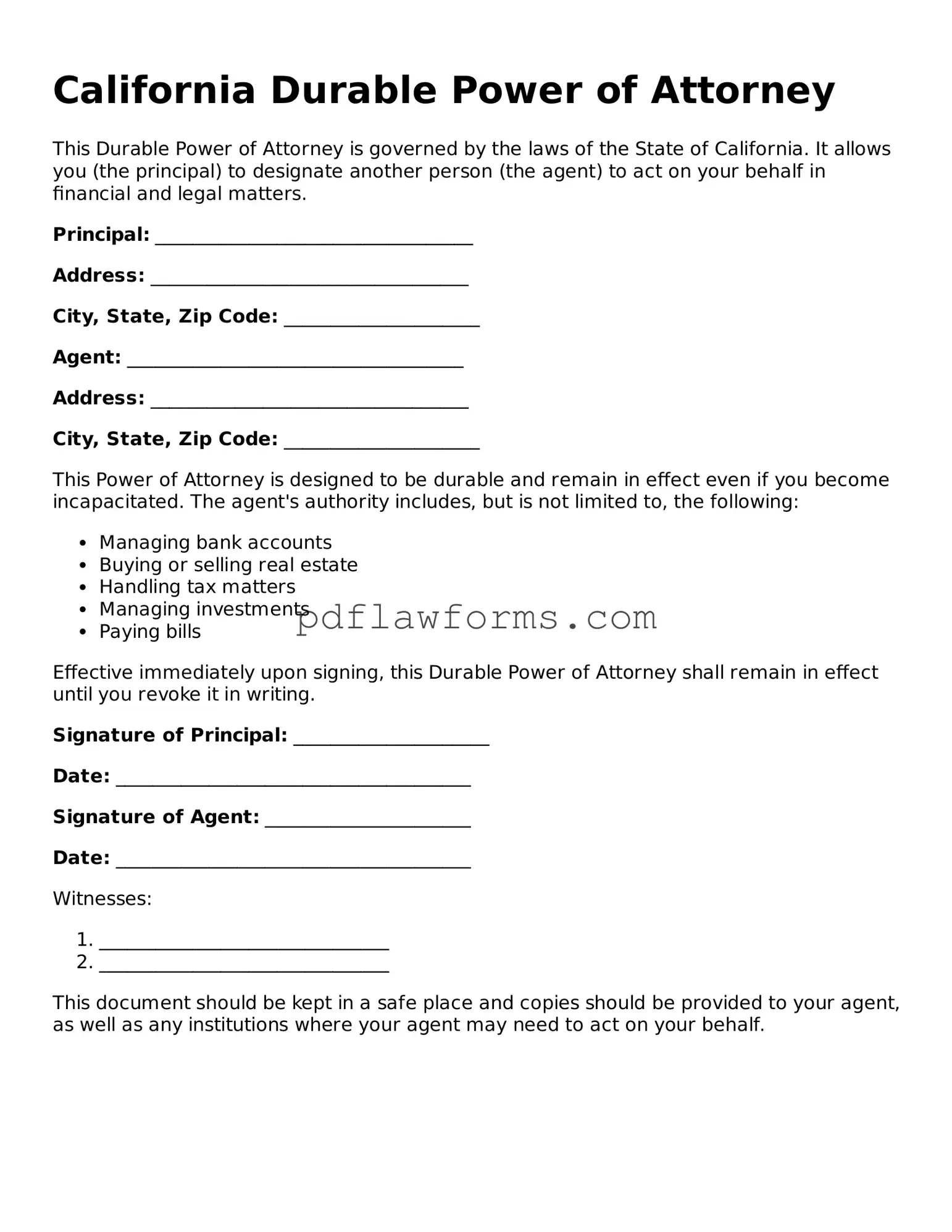 Durable Power of Attorney Form for the State of California
