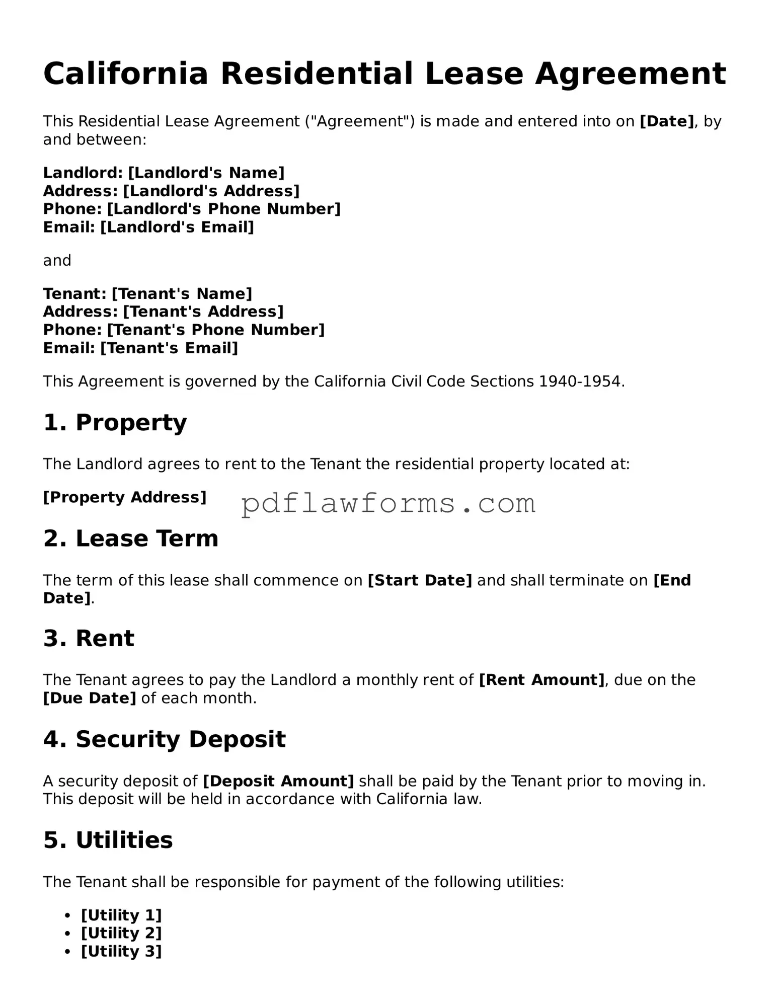 Residential Lease Agreement Form for the State of California