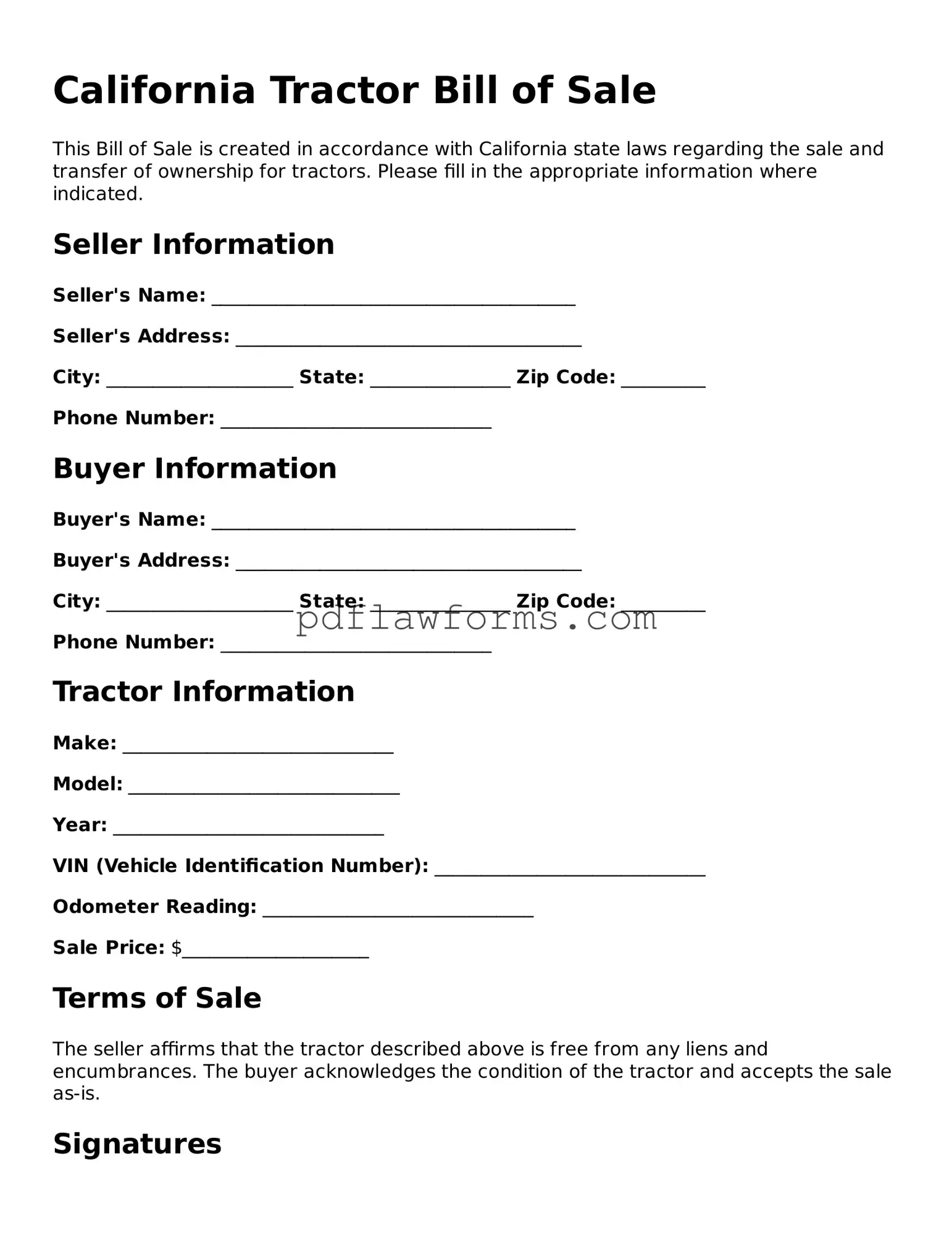 Tractor Bill of Sale Form for the State of California