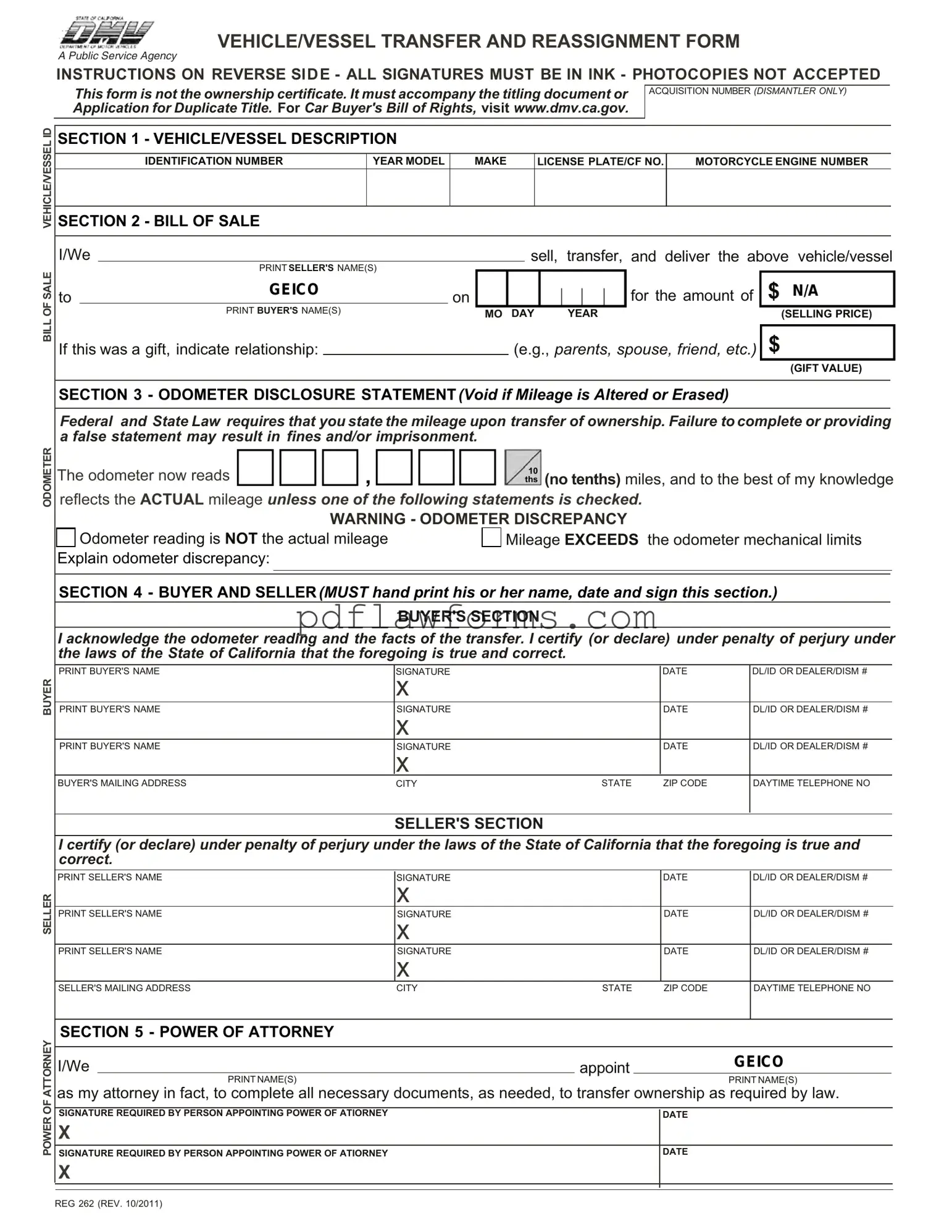 Fill Your California Fotm Reg 262 Template