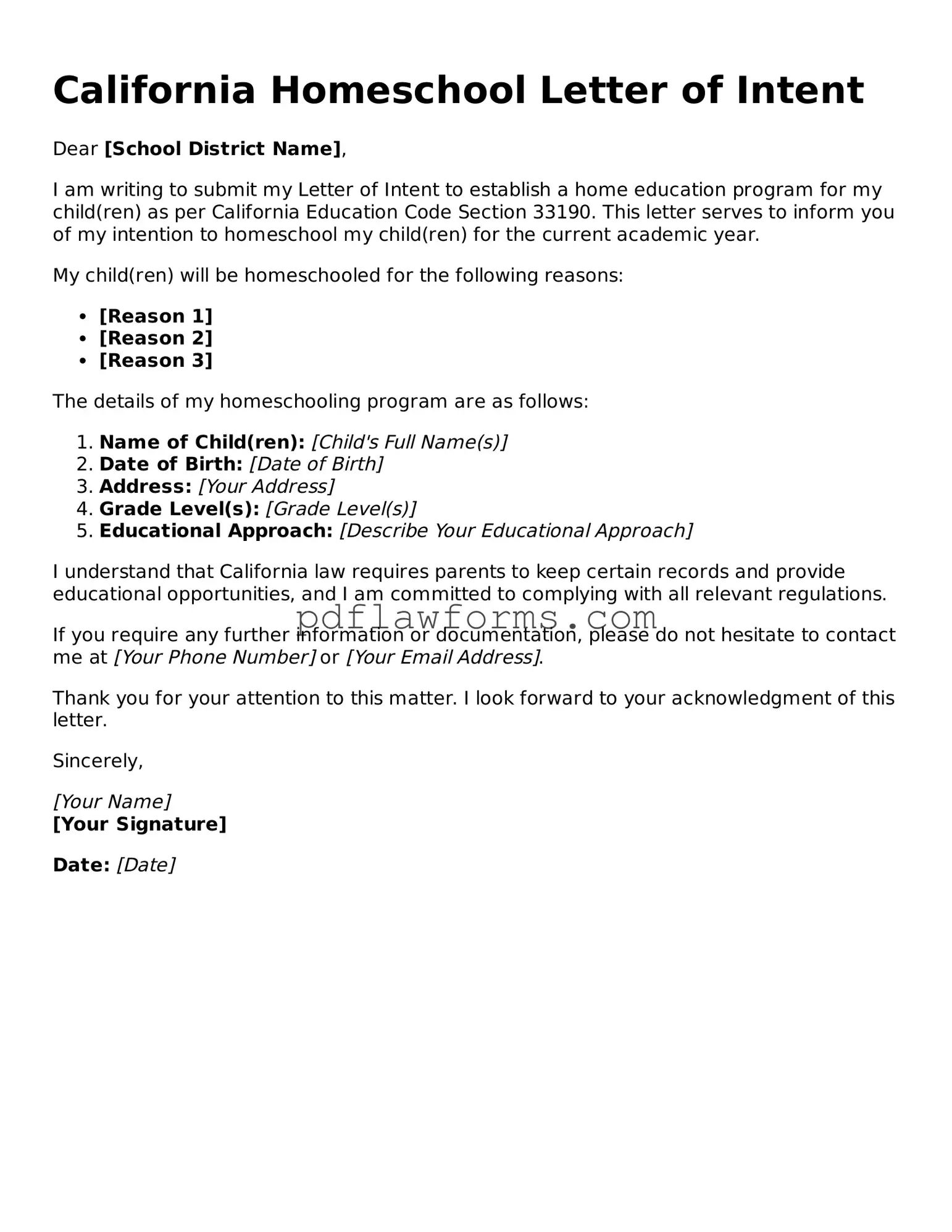 Homeschool Letter of Intent Form for the State of California