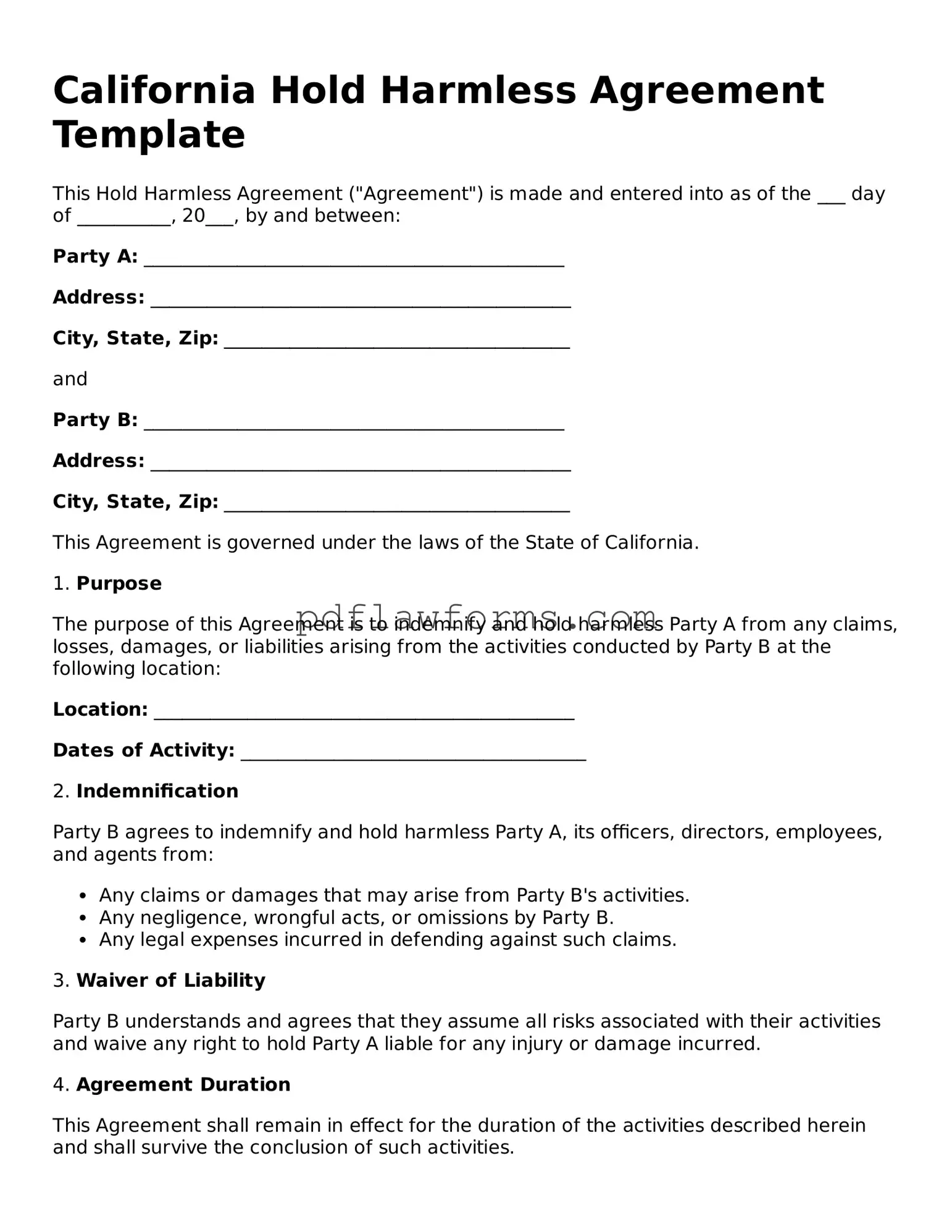Hold Harmless Agreement Form for the State of California