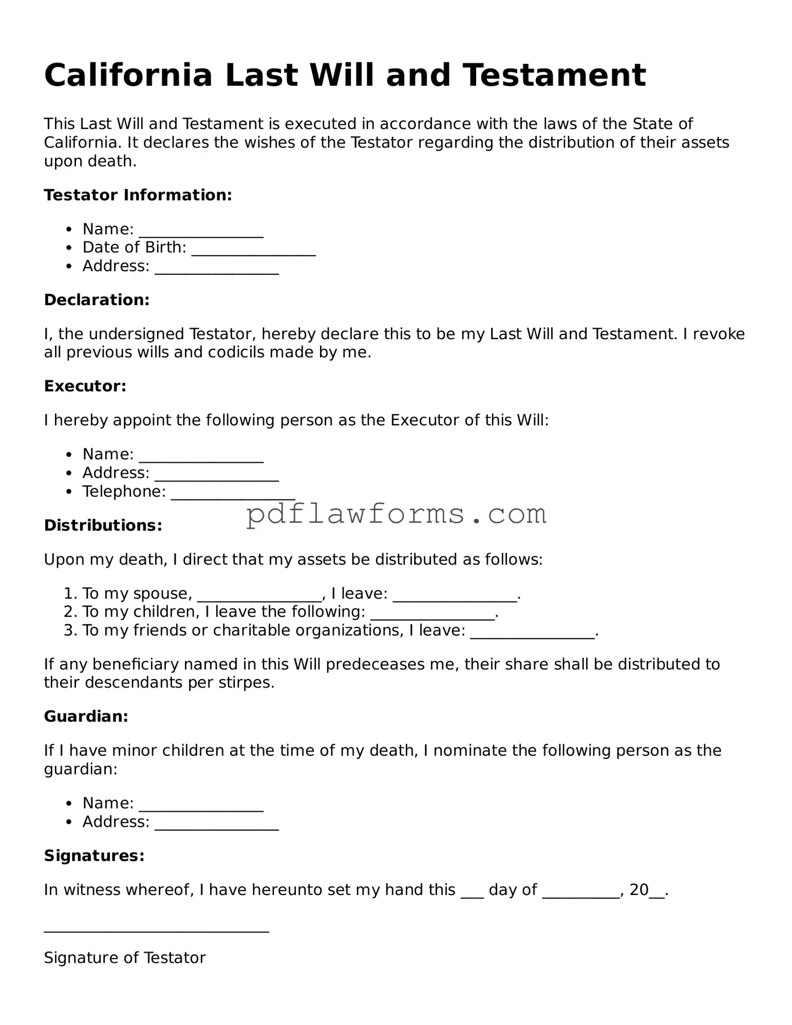 Last Will and Testament Form for the State of California