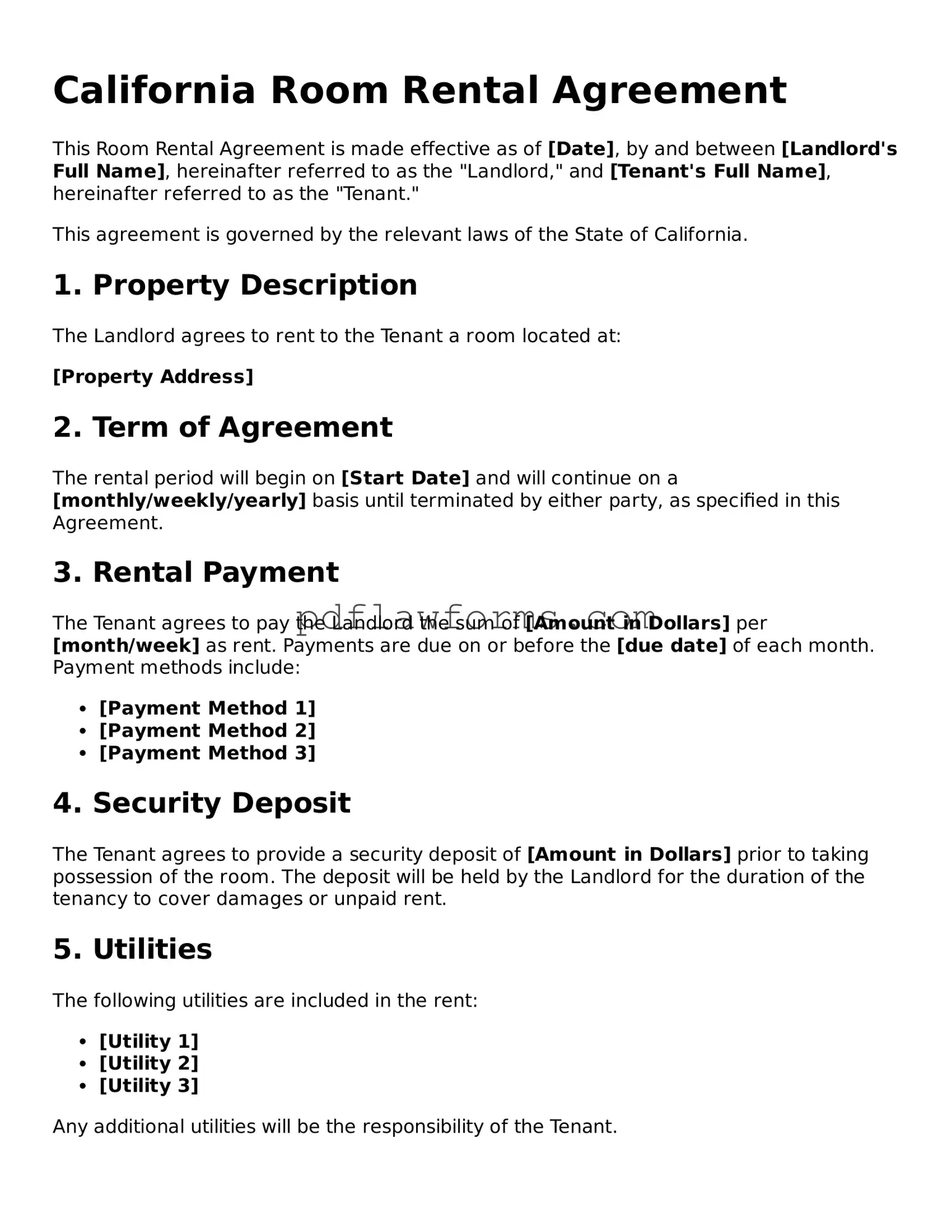 Room Rental Agreement Form for the State of California