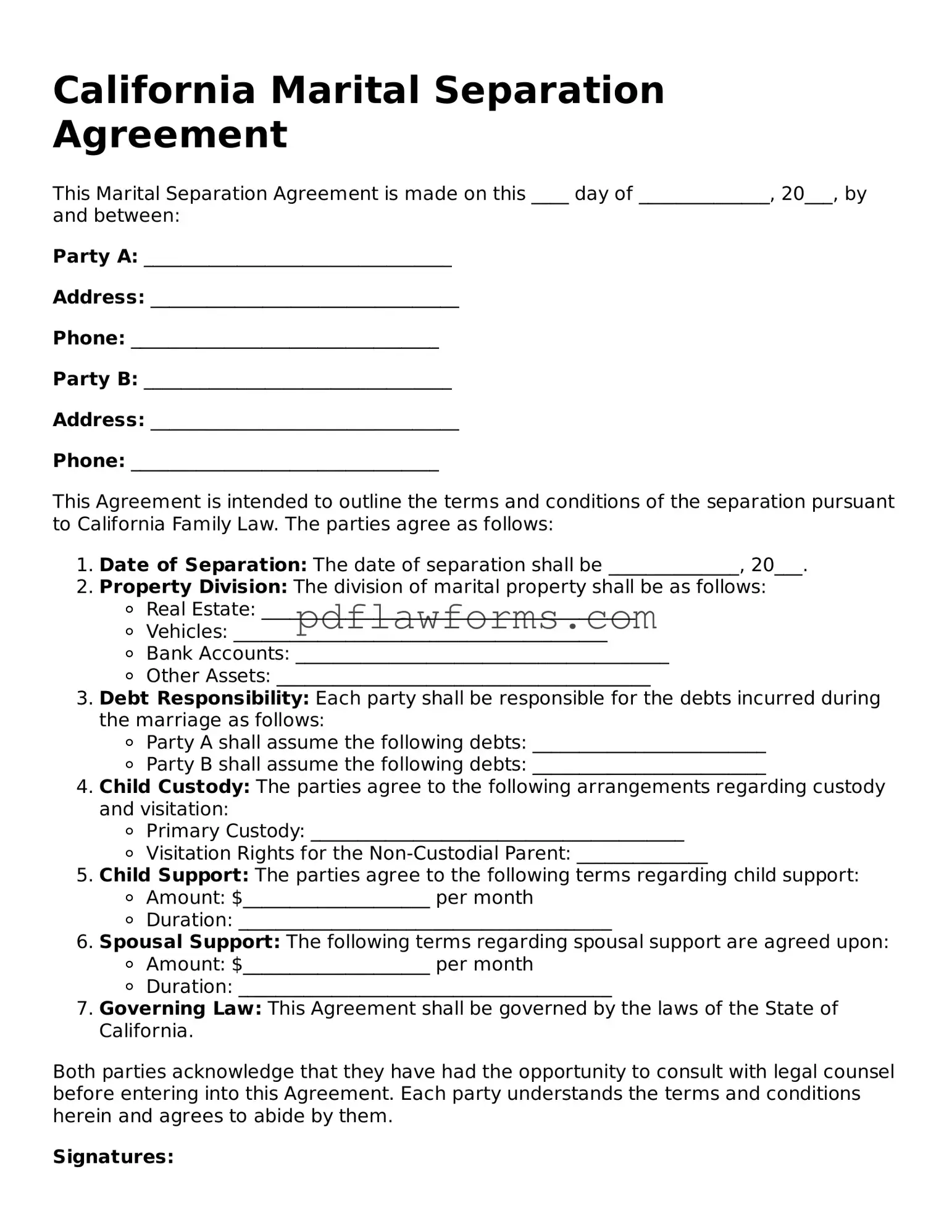 Marital Separation Agreement Form for the State of California
