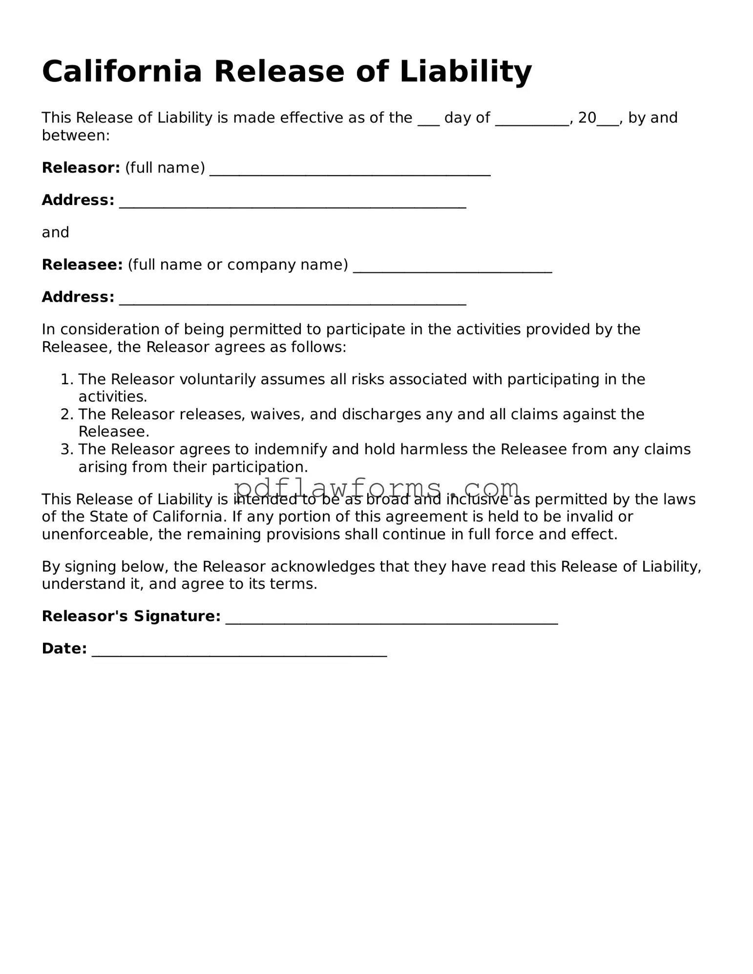 Release of Liability Form for the State of California