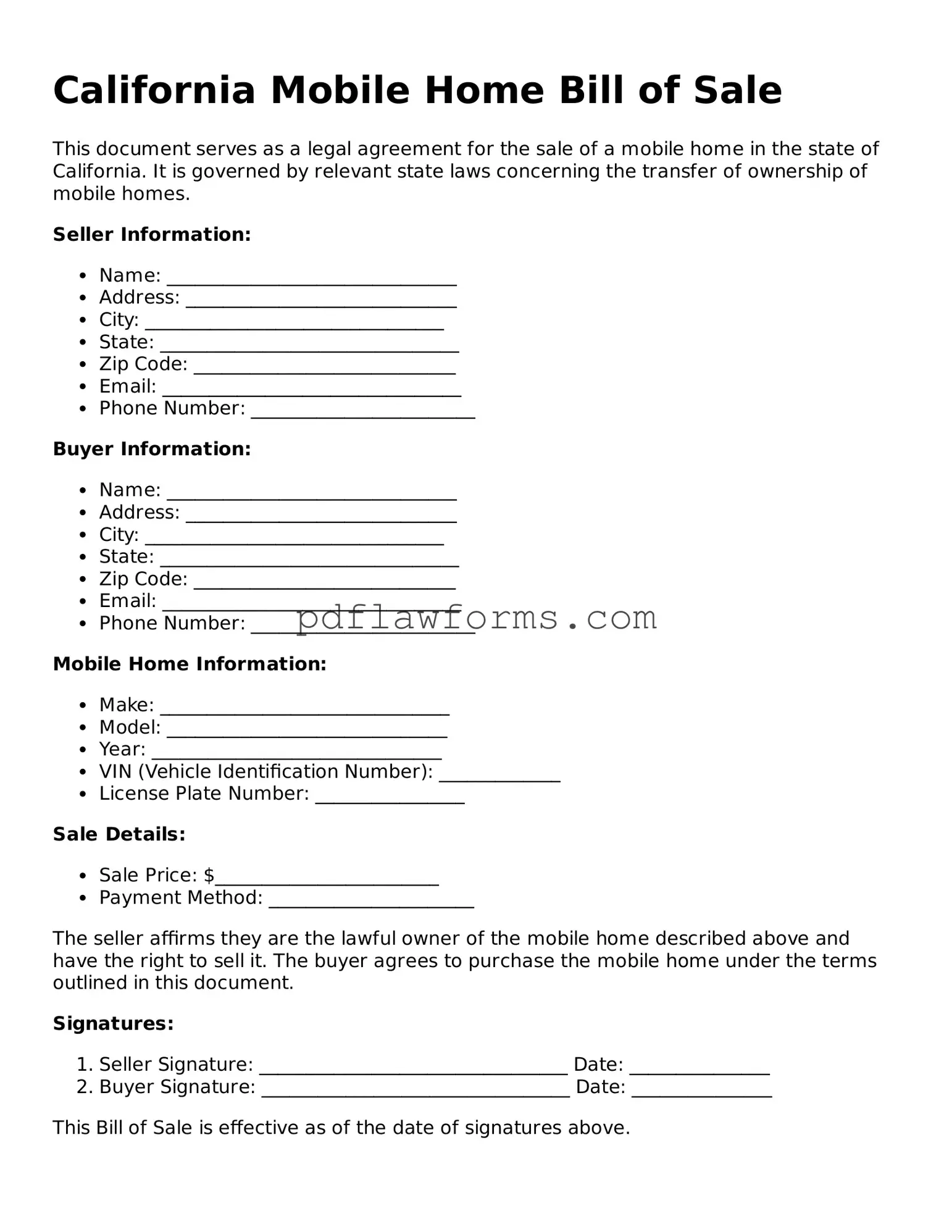 Mobile Home Bill of Sale Form for the State of California