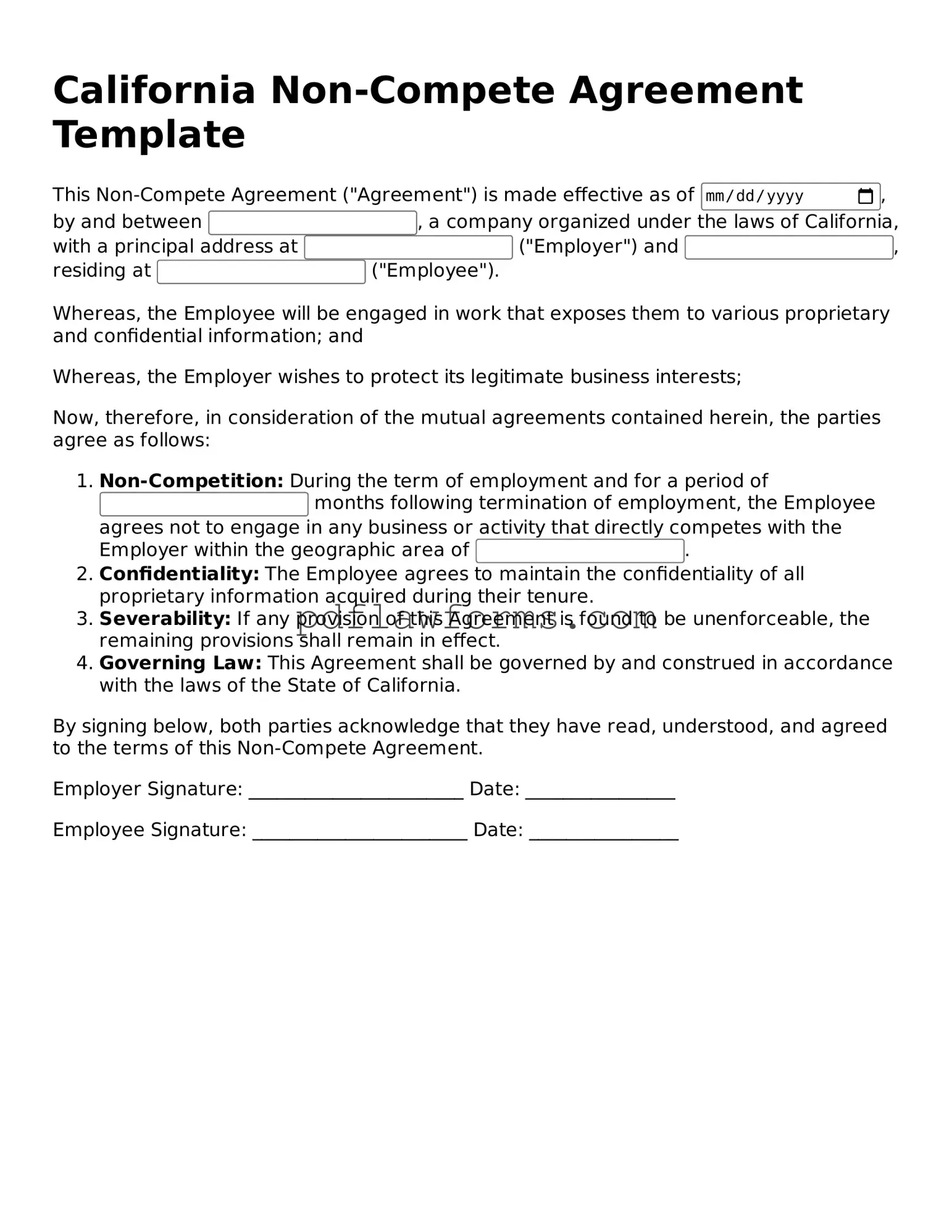 Non-compete Agreement Form for the State of California