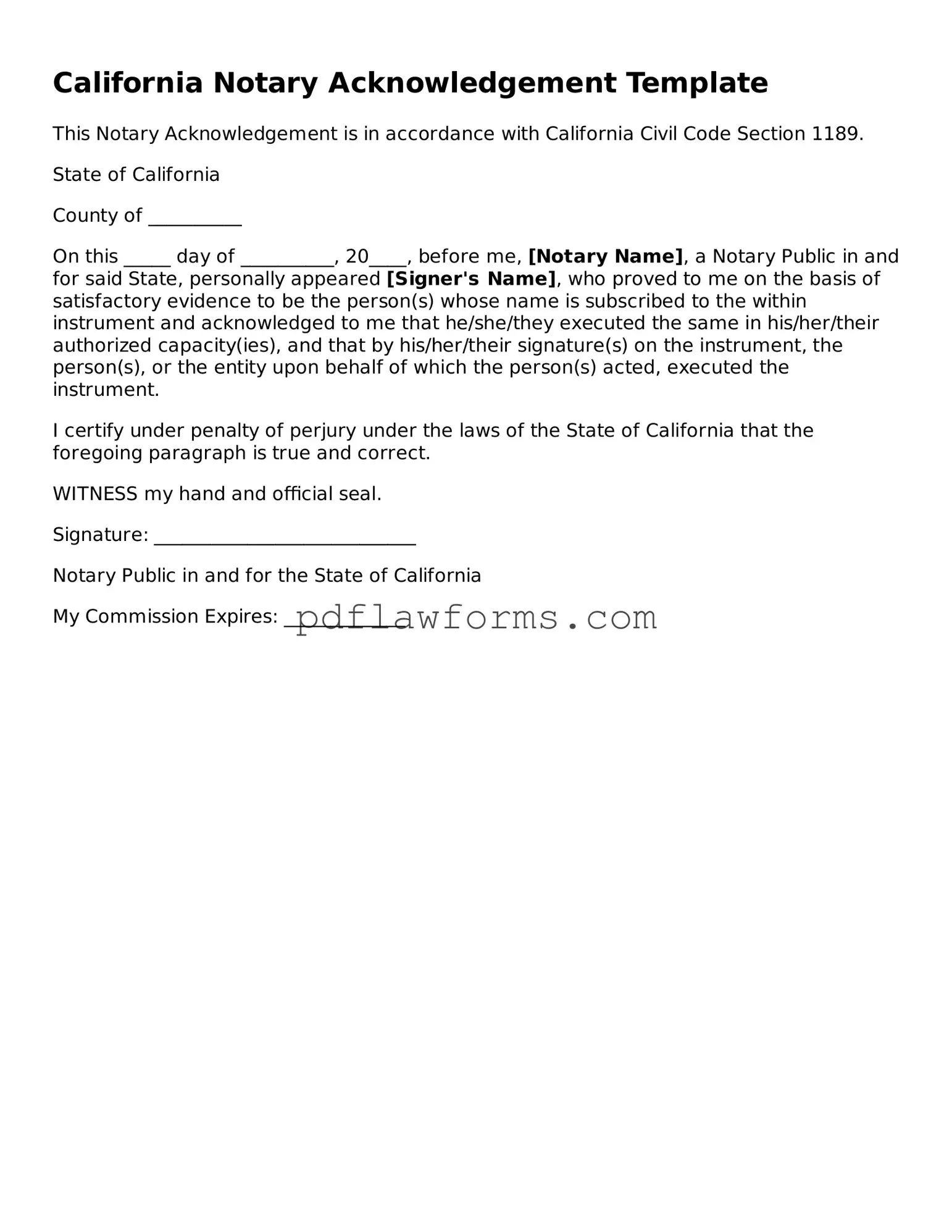 Notary Acknowledgement Form for the State of California