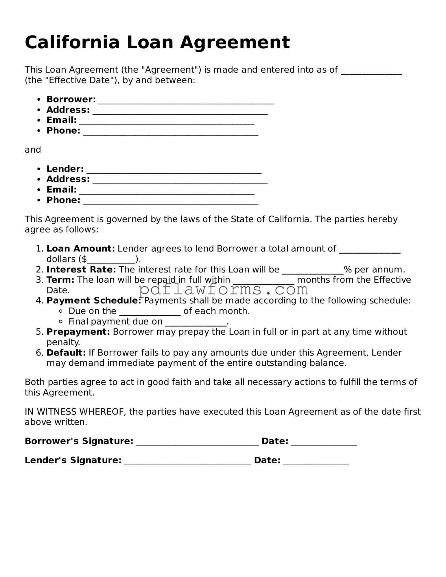 Loan Agreement Form for the State of California