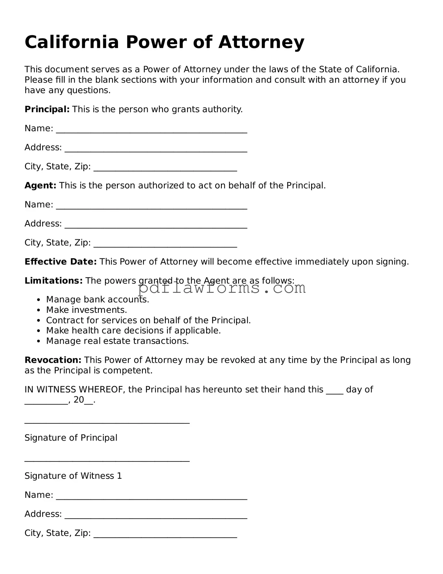 Power of Attorney Form for the State of California