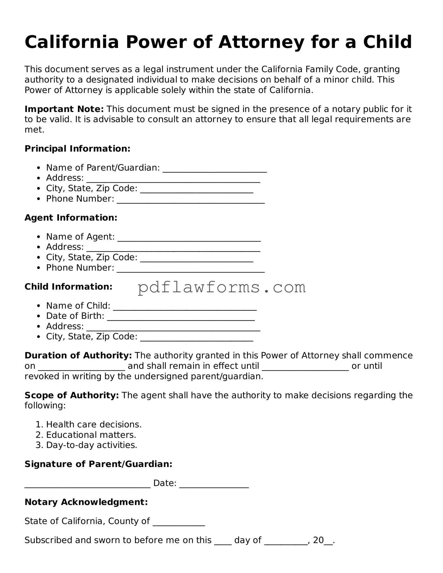 Power of Attorney for a Child Form for the State of California