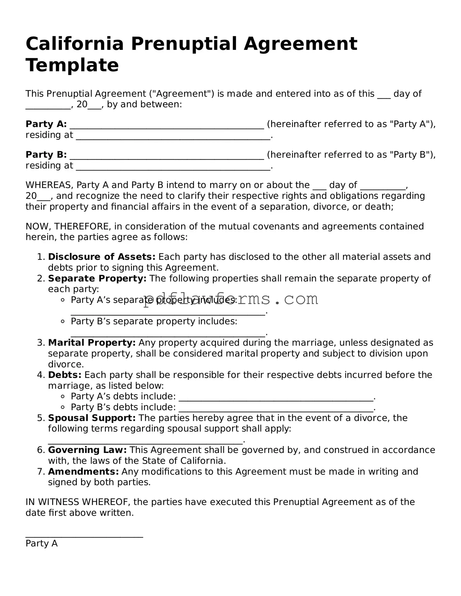 Prenuptial Agreement Form for the State of California