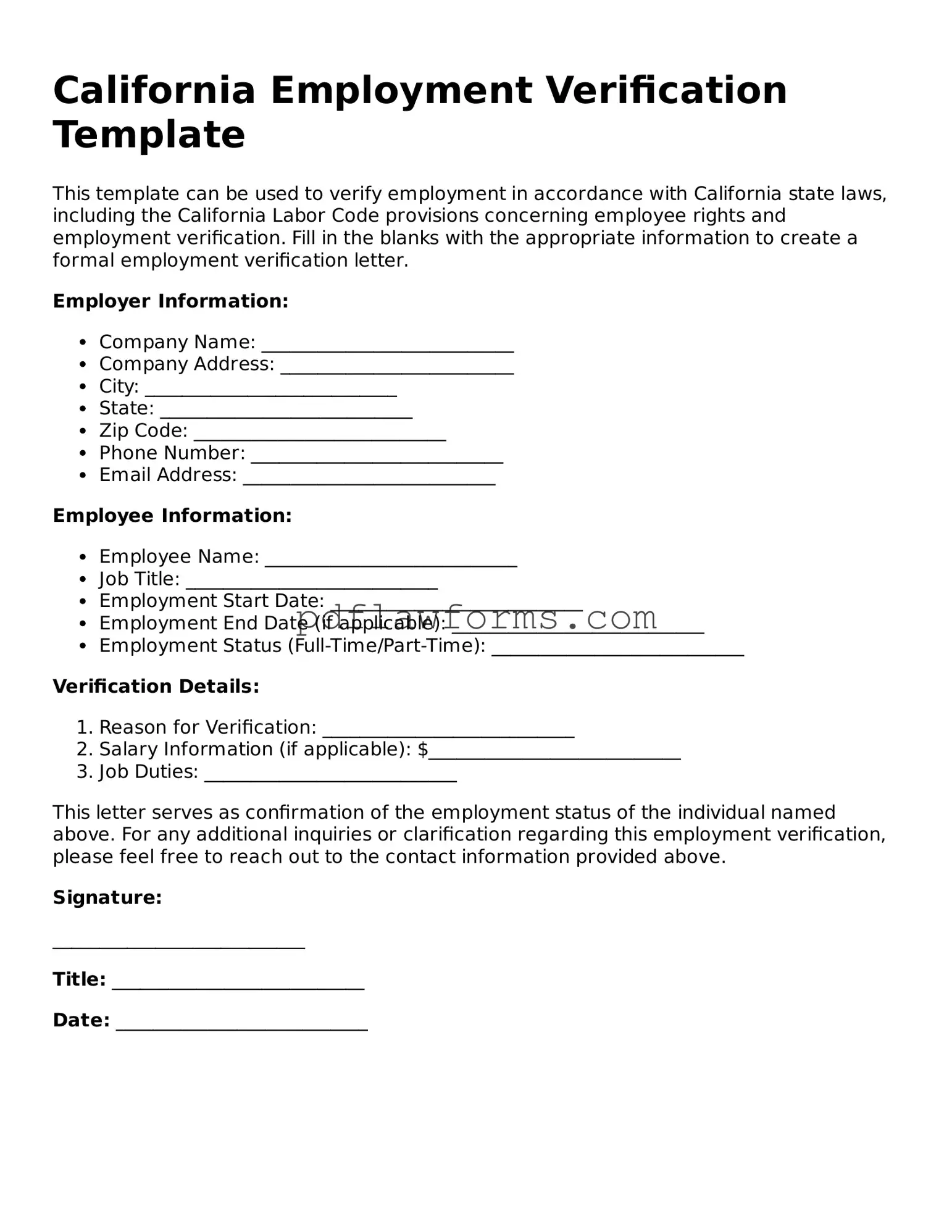 Employment Verification Form for the State of California
