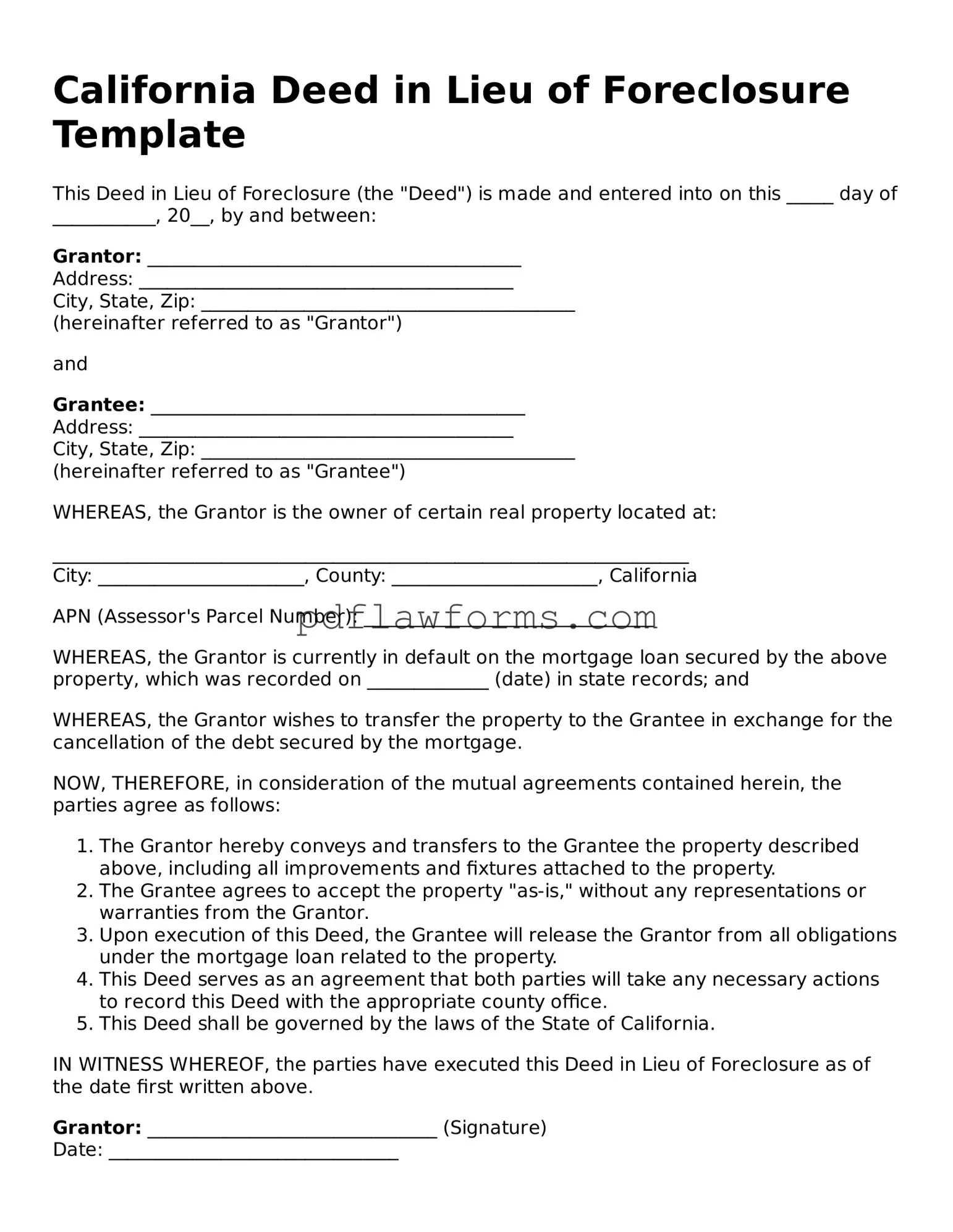 Deed in Lieu of Foreclosure Form for the State of California