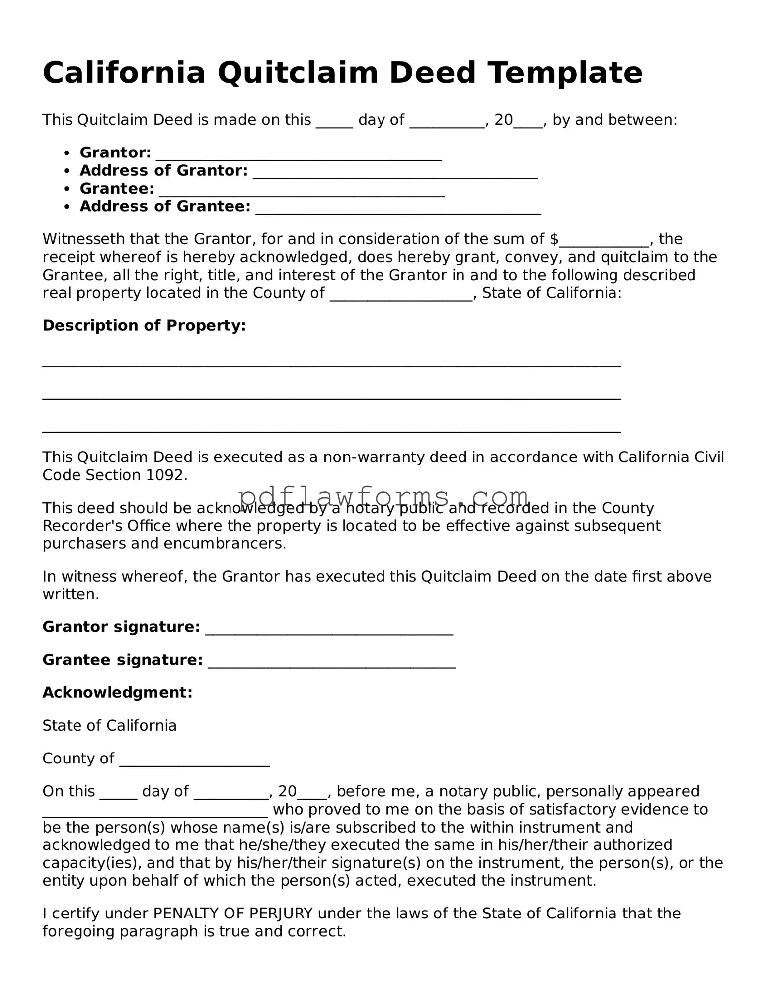 Quitclaim Deed Form for the State of California