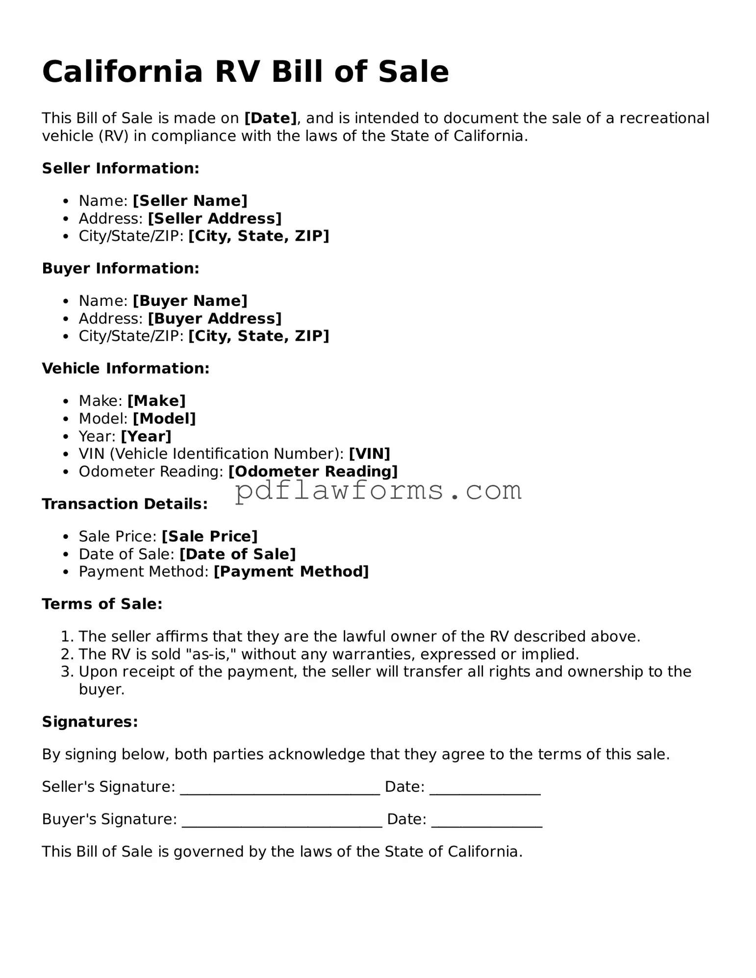RV Bill of Sale Form for the State of California