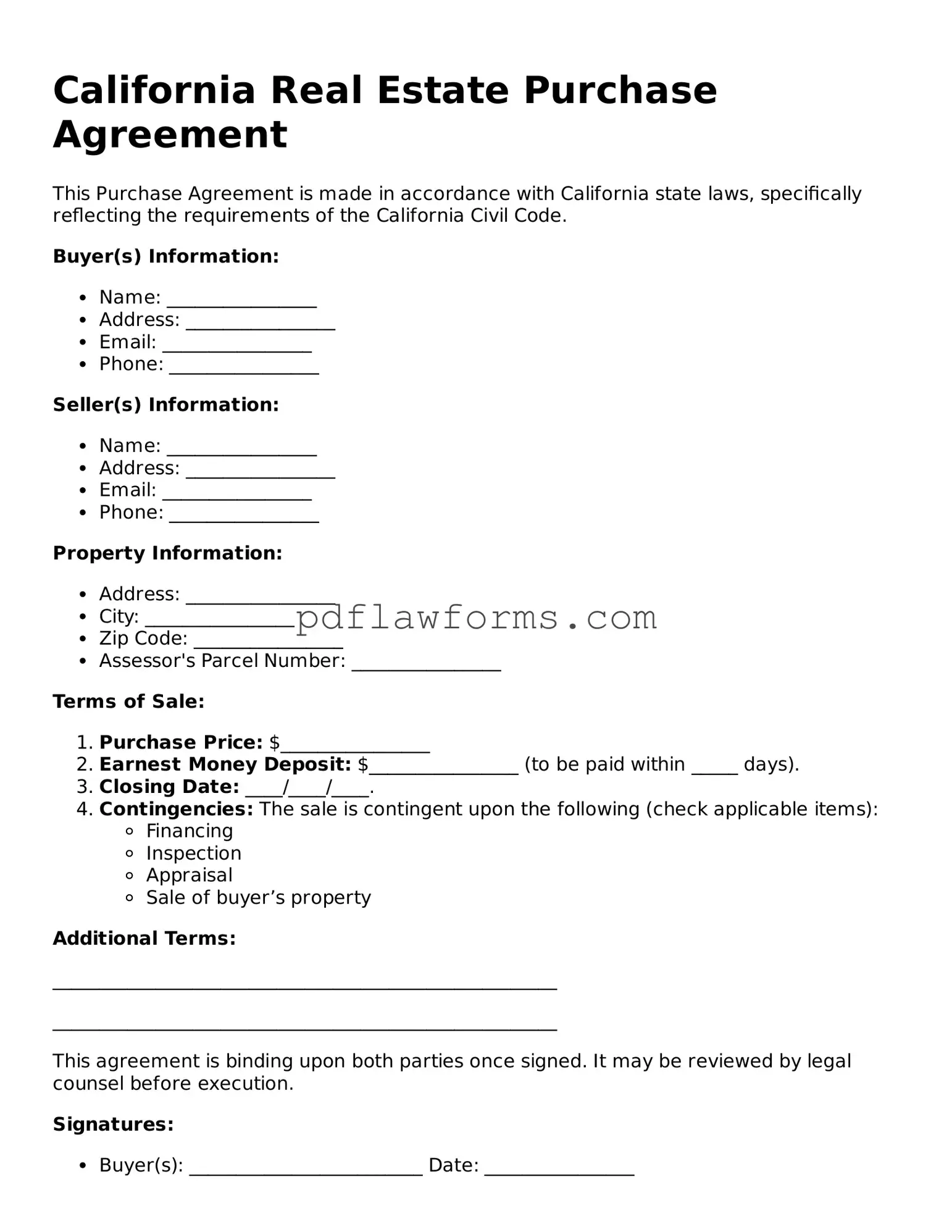 Real Estate Purchase Agreement Form for the State of California