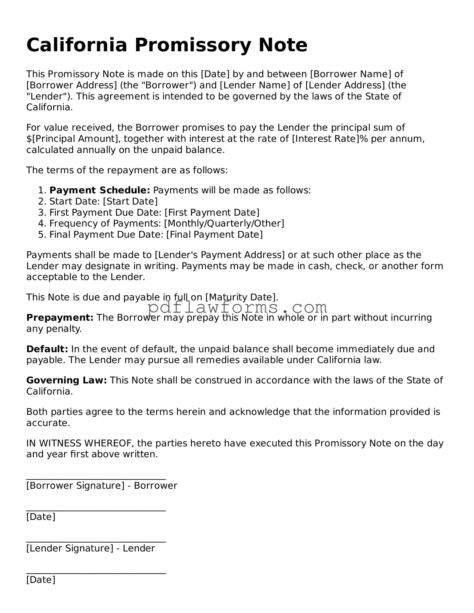 Promissory Note Form for the State of California