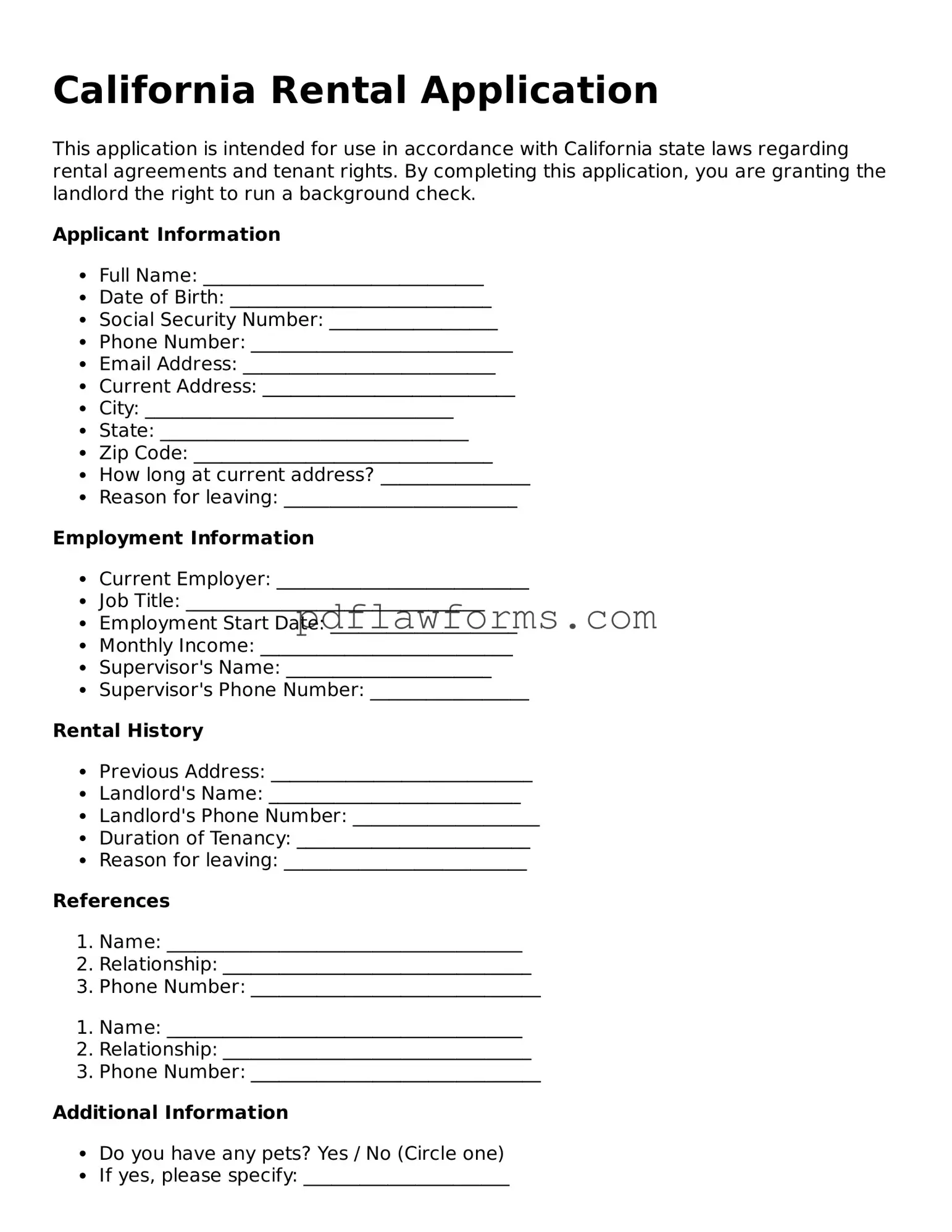 Rental Application Form for the State of California