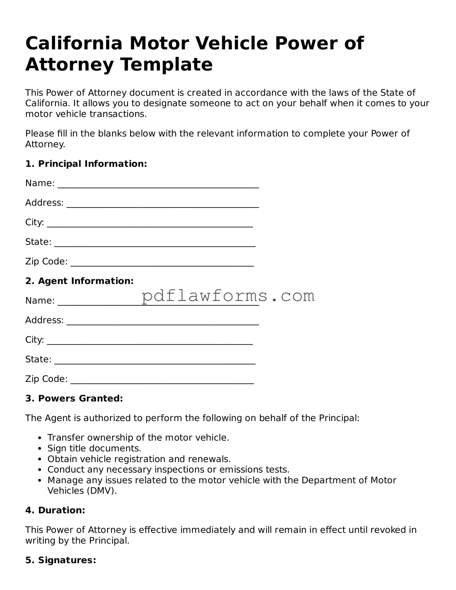 Motor Vehicle Power of Attorney Form for the State of California