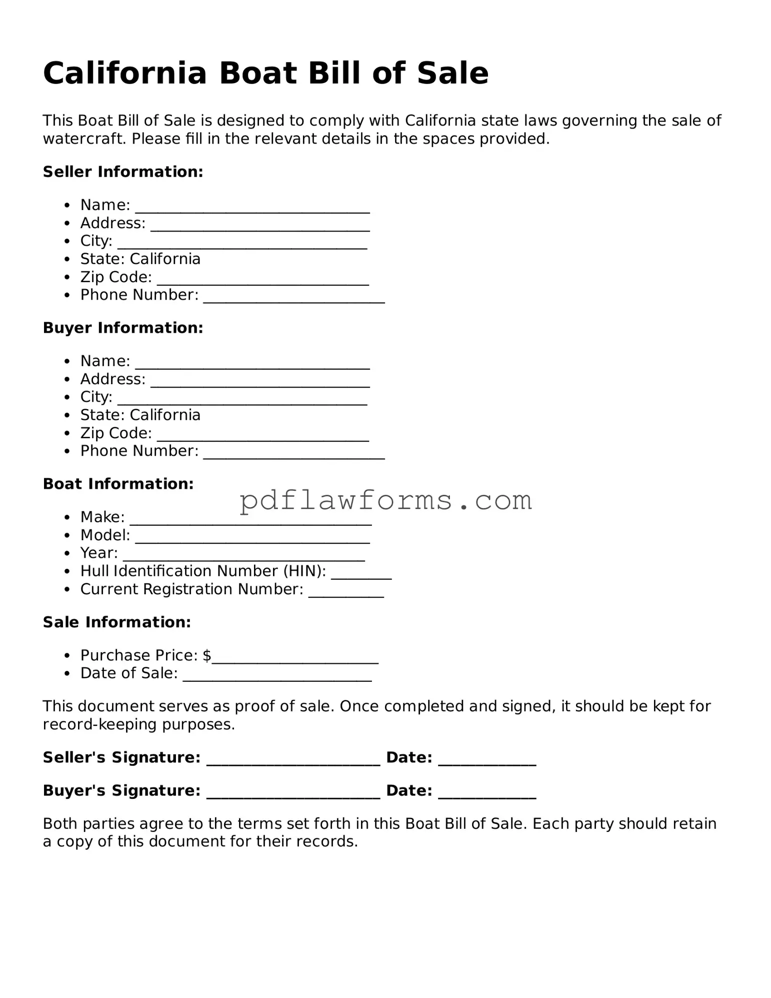 Boat Bill of Sale Form for the State of California