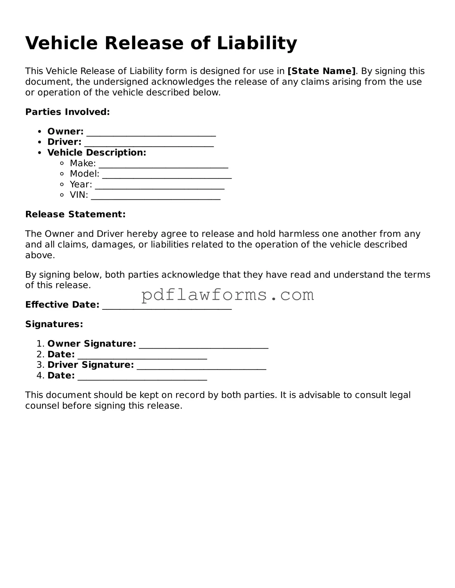 Official Vehicle Release of Liability Form