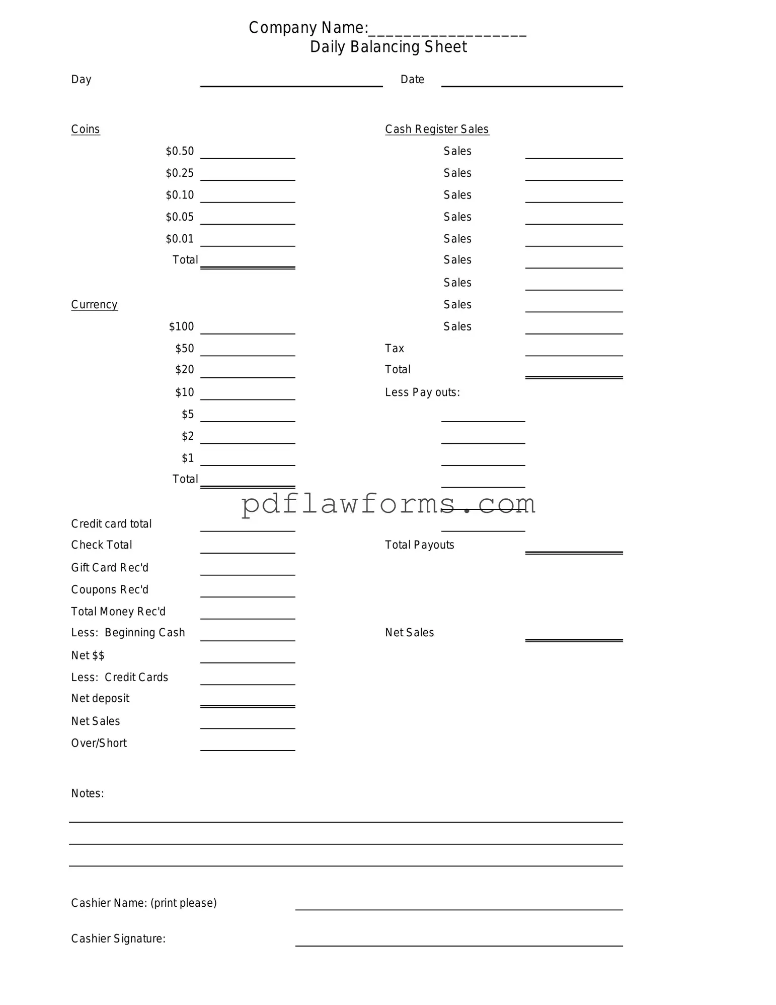 Fill Your Cash Drawer Count Sheet Template