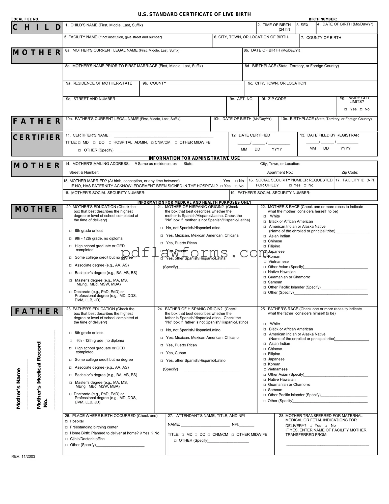 Fill Your CDC U.S. Standard Certificate of Live Birth Template