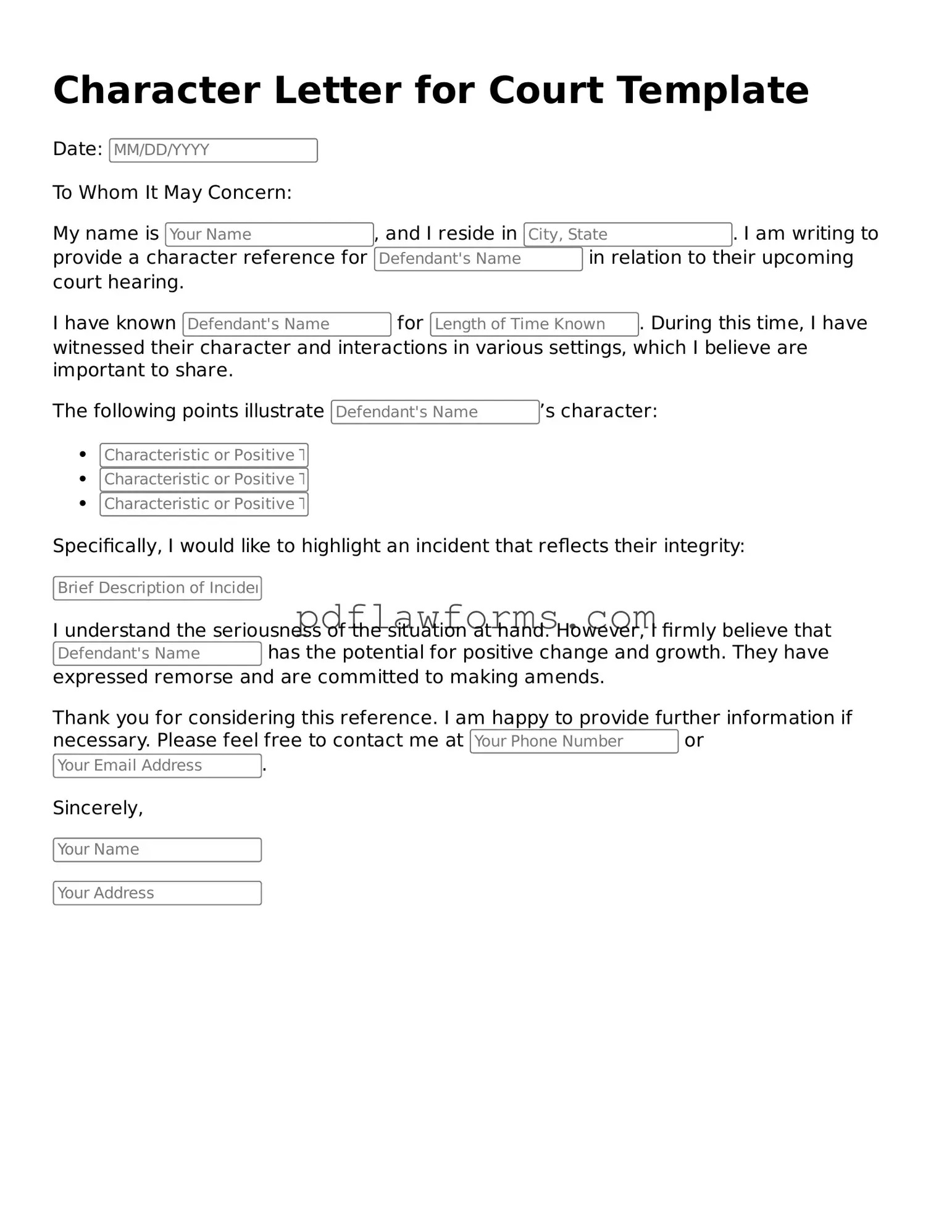 Official Character Letter for Court Form