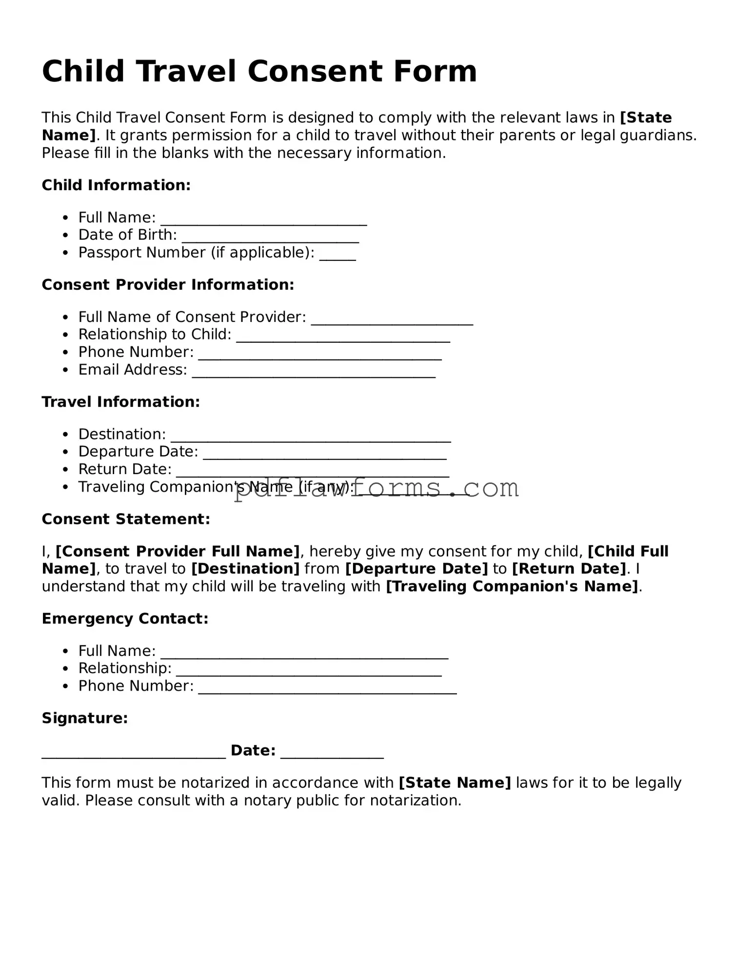 Official Child Travel Consent Form Form