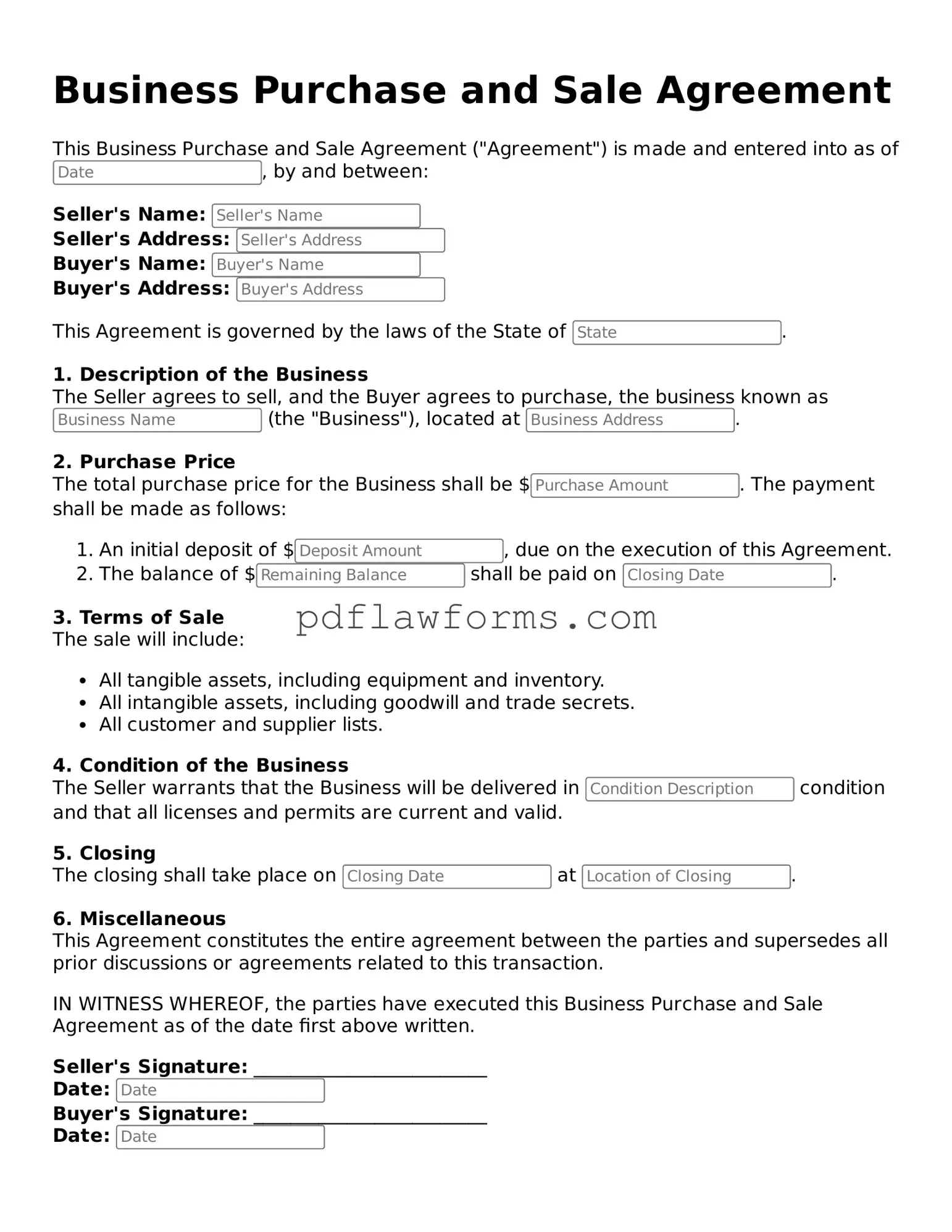 Official Business Purchase and Sale Agreement Form