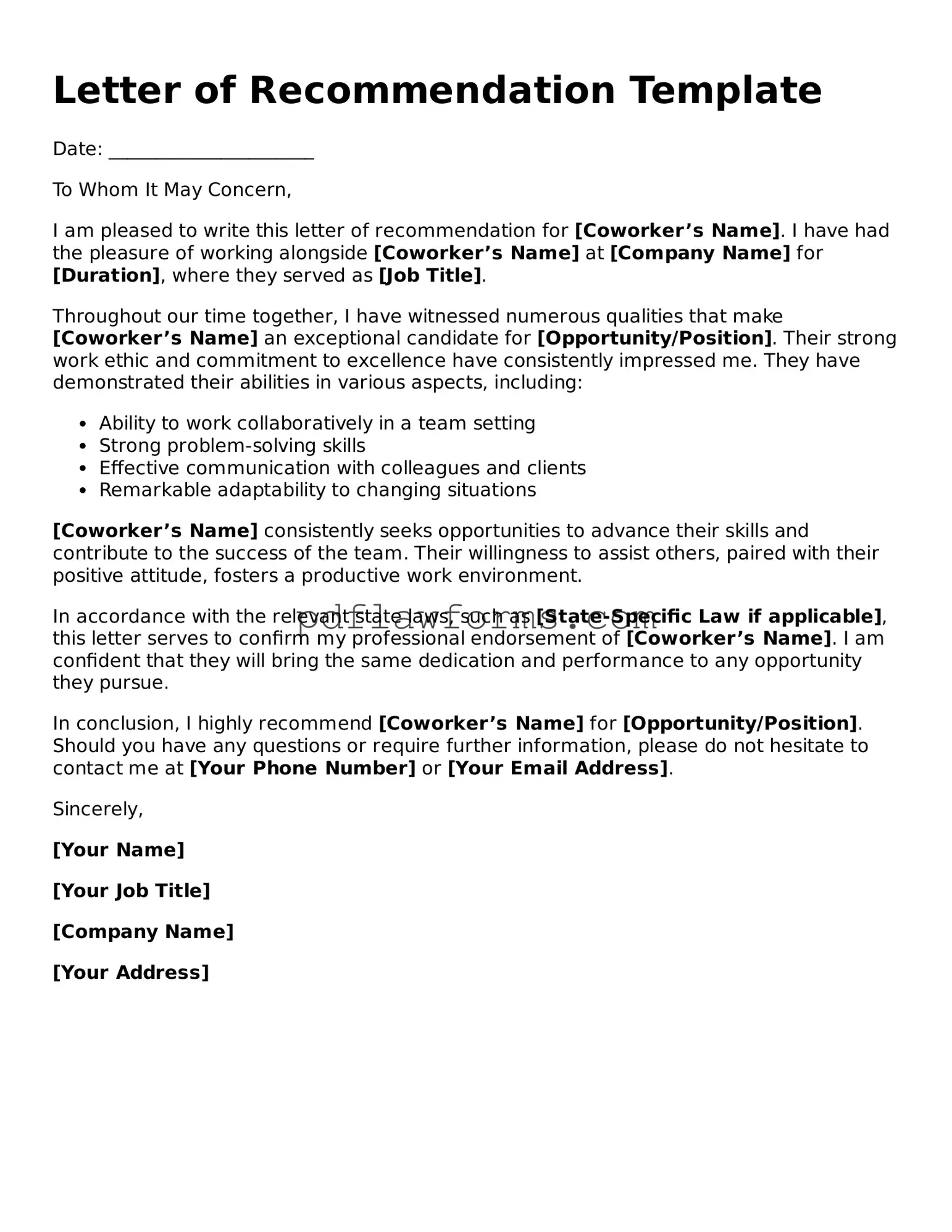 Official Letter of Recommendation for Coworker Form