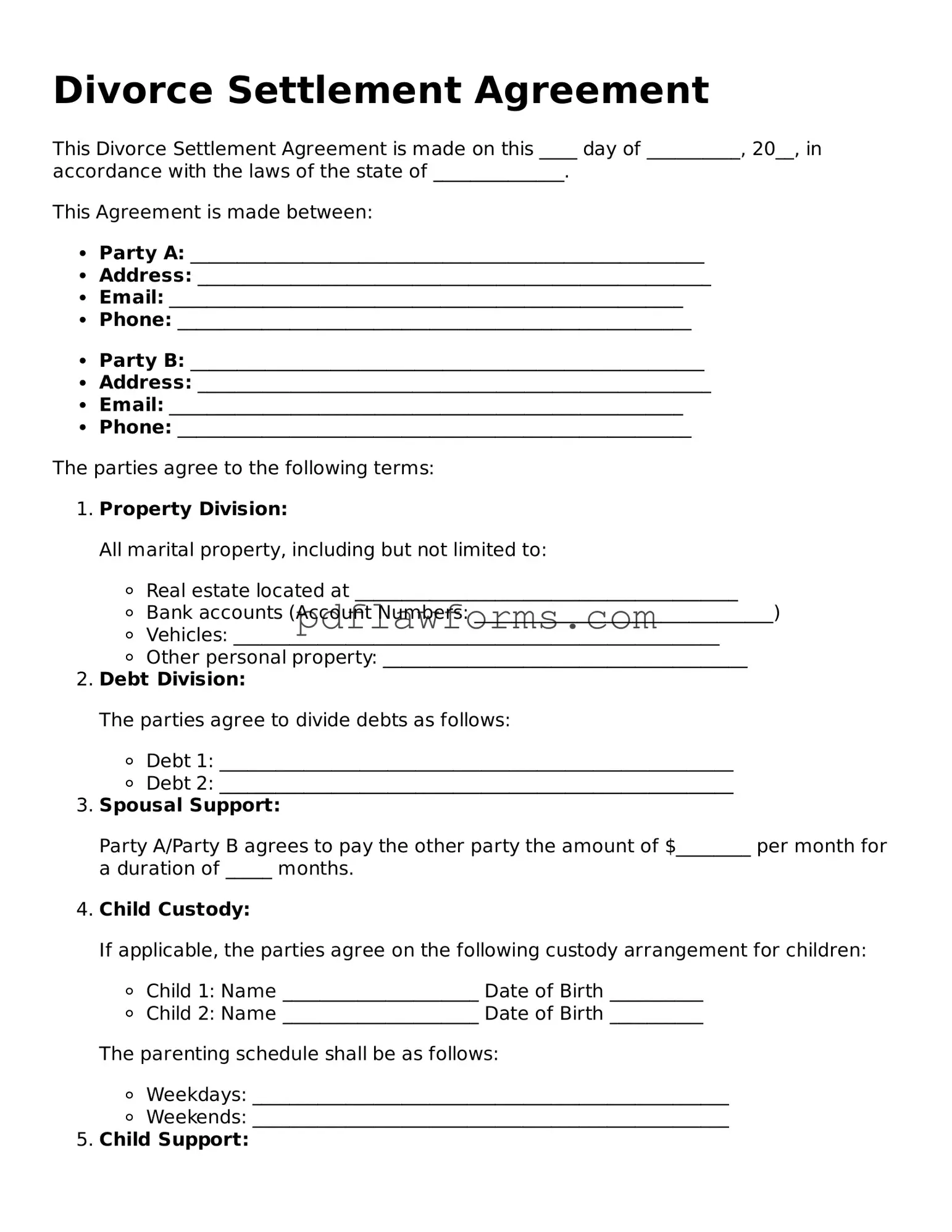 Official Divorce Settlement Agreement Form