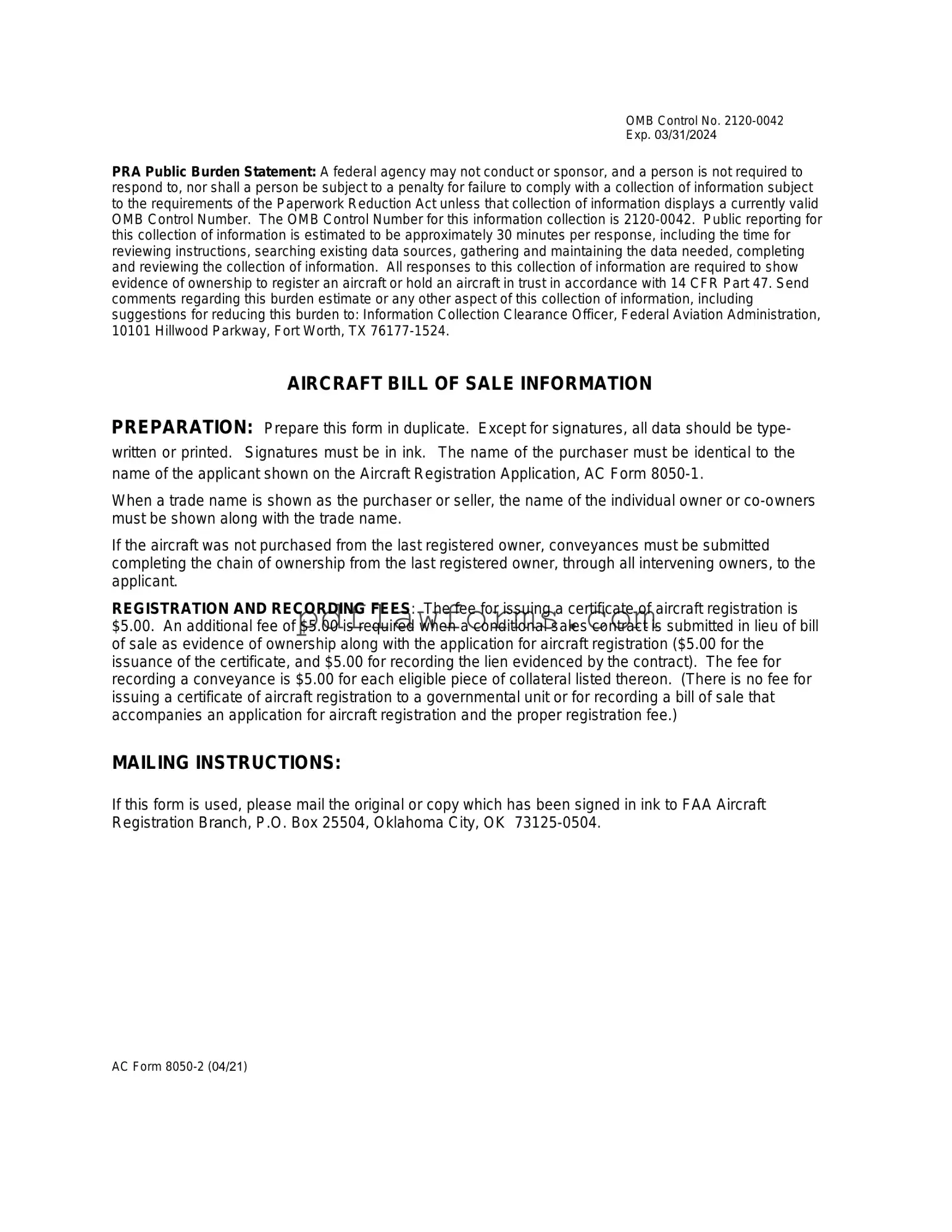 Fill Your Aircraft Bill of Sale AC 8050-2 Template