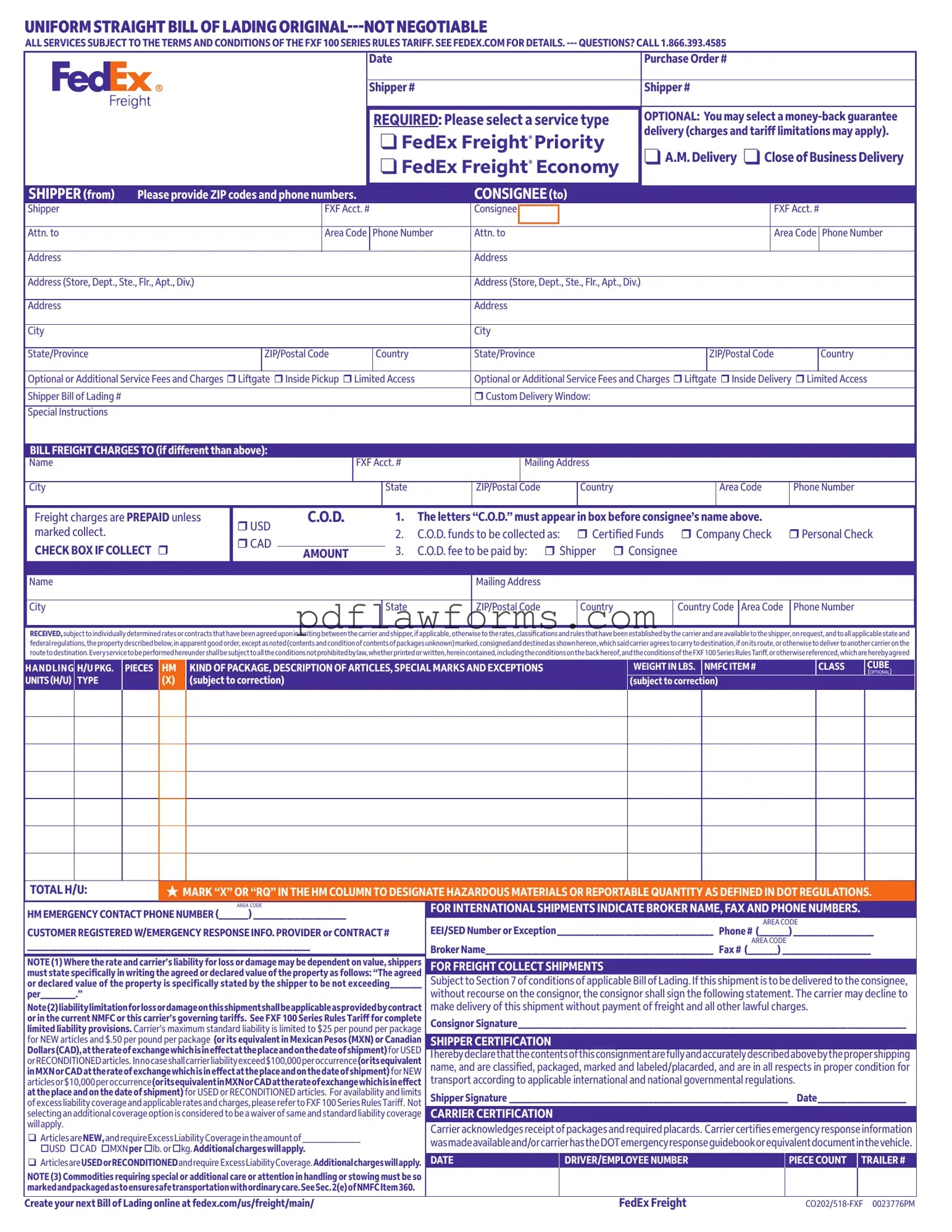 Fill Your Fedex Bill Of Lading Template